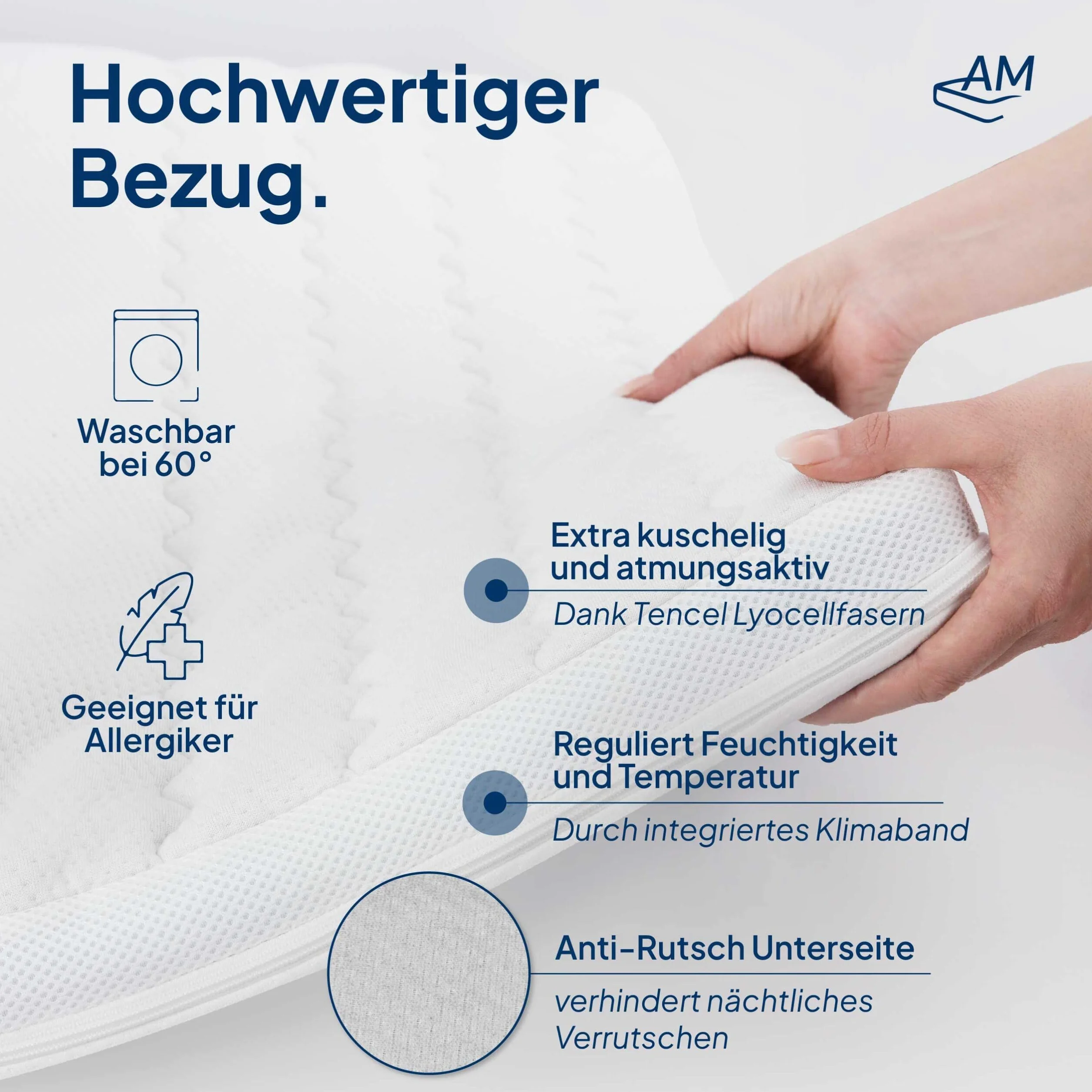 AM Qualitätsmatratzen Topper Latex Premium - Topper 150x190 Made in Germany - Sobrecolchon de látex Natural y Transpirable - 6 cm - Cubre colchon con Funda de Lyocell y función Antideslizante