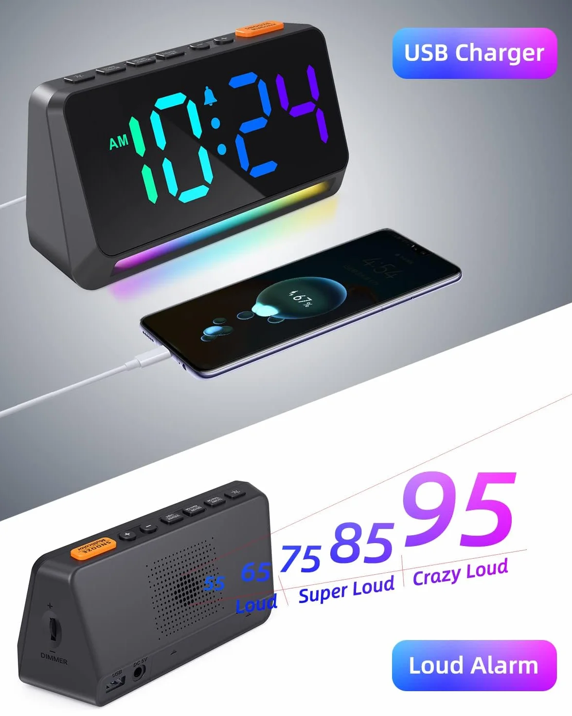 Despertador digital con números grandes, despertador digital con pantalla RGB, reloj digital extra con brillo ajustable, alarma fuerte, despertador enchufable con luz nocturna, puerto de carga