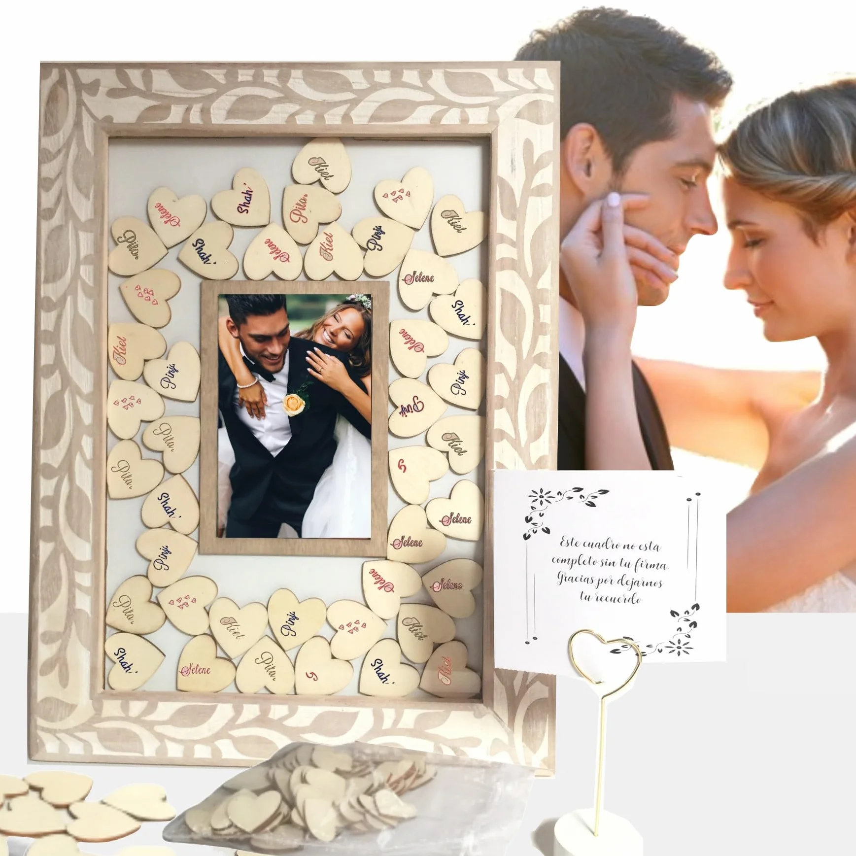 Cuadro de Firmas con 80 Corazones de Madera – Libro de Firmas Personalizado para Bodas, Aniversarios, 18 Años o Graduación – Marco Decorativo Rústico con Soporte Incluido
