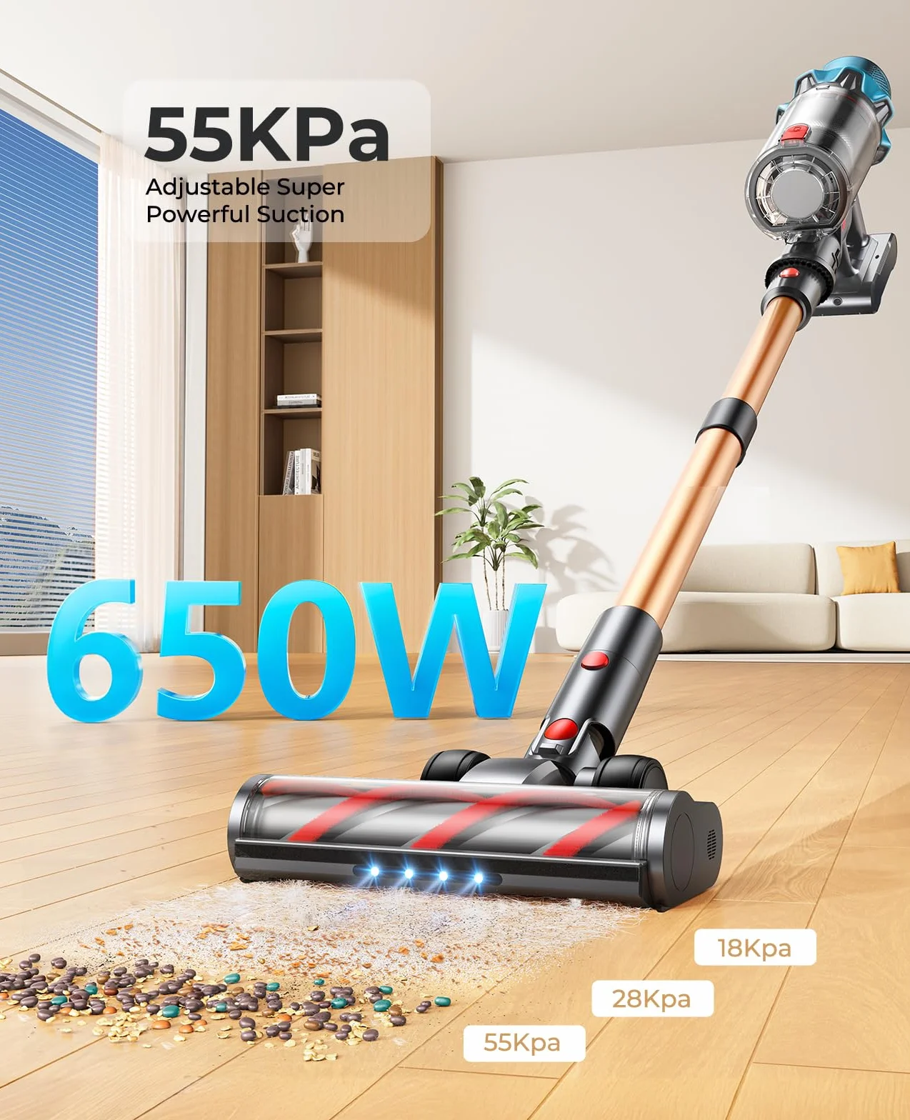Fieety Aspiradora Sin Cable 50kPa/600W 65min/1.6L sin Bolsa 8en1 con Cepillo Anti-Enredos Cepillo para Sofá y Base de Carga para Pelo de Mascotas Alfombras Suelos Duros y Coche