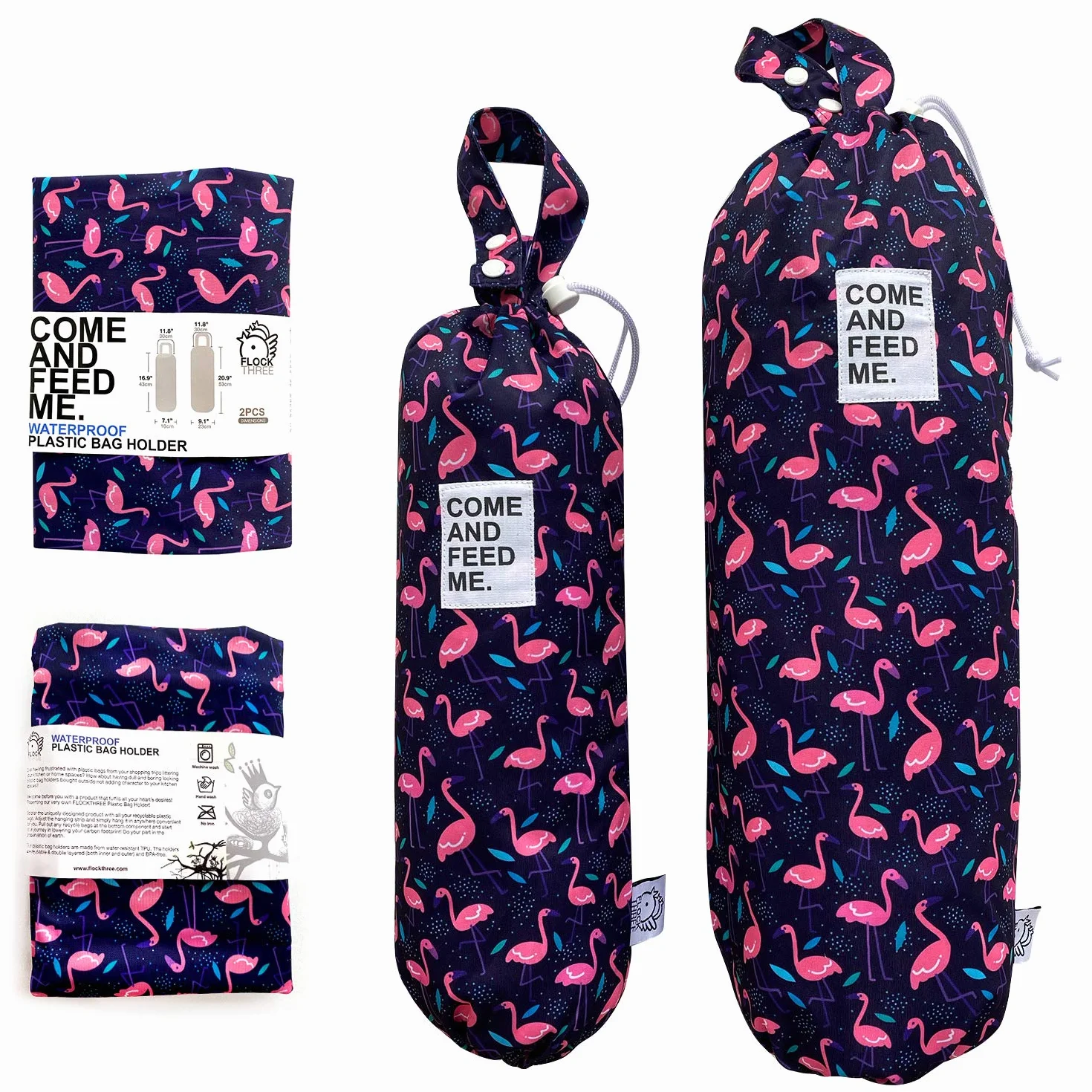 2 bolsas de basura de plástico impermeables para comestibles, organizador de bolsas de almacenamiento de cocina, dispensador de bolsas de almacenamiento de múltiples diseños, tamaños de flamencos
