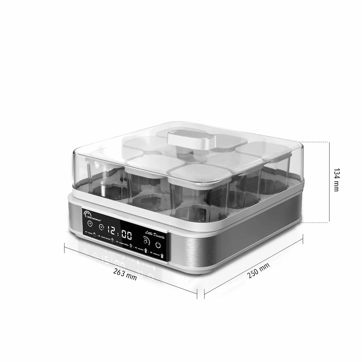 LITTLE BALANCE 8448 Yogurtera Postre, Yogures Postres Quesos blancos caseros, 5 programas automáticos, 9 tarros de cristal 145 ml, Blanco/acero inoxidable