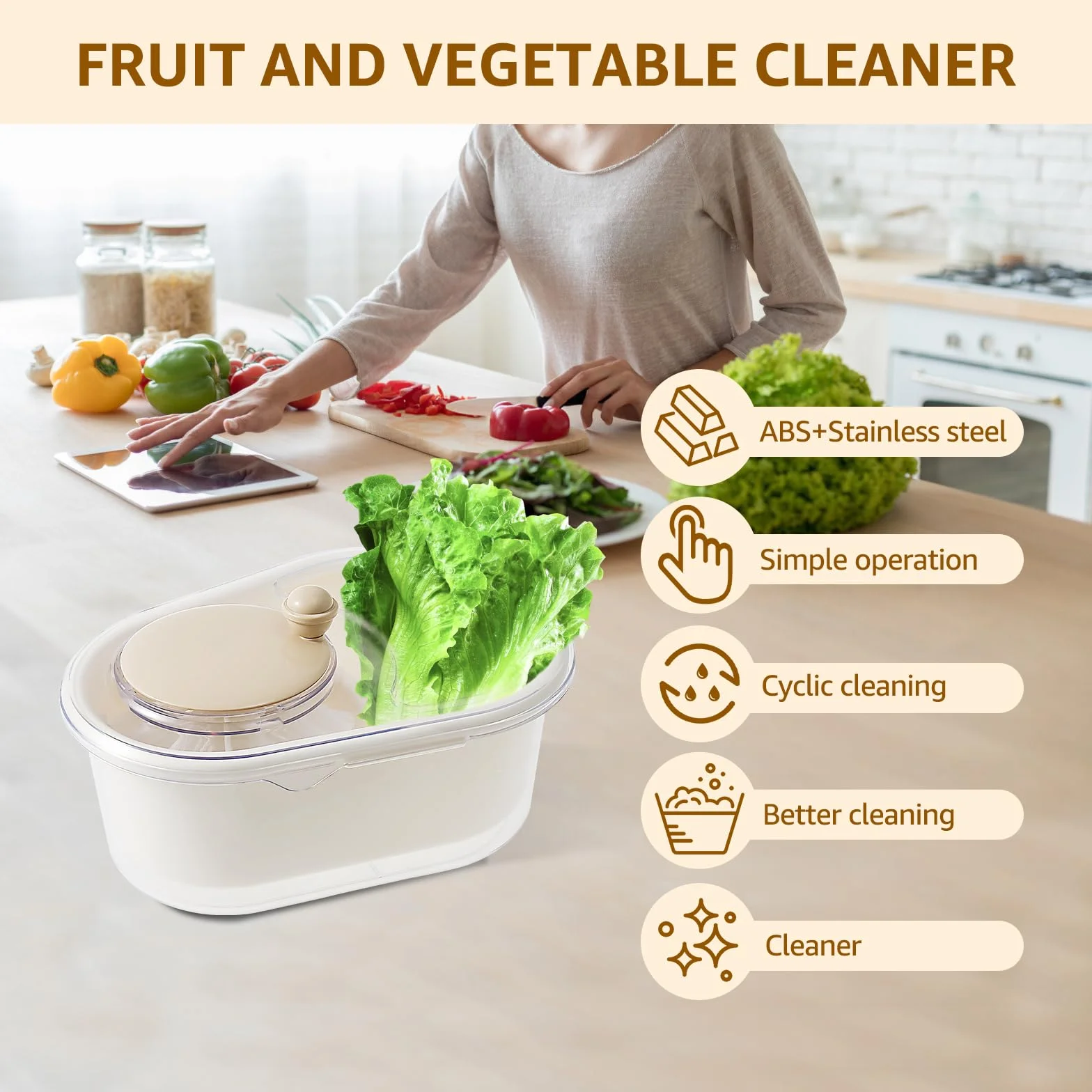 Fruit Cleaner Spinner, Lavadora Portátil de Frutas, Gran Depurador Limpieza Eficiente, Limpiador Manual Rotacional, para Frutas y Verduras (A)