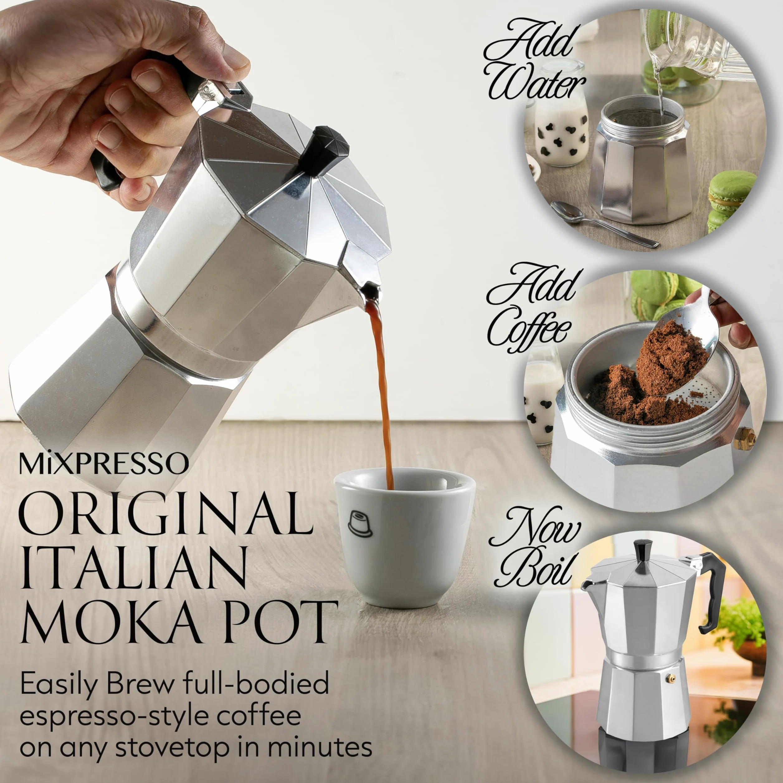 Mixpresso Cafetera de aluminio para 6 tazas, cafetera Moka Pot para preparar café italiano y cubano, cafetera italiana clásica, cafetera espresso Greca, cafetera de camping de 10 onzas