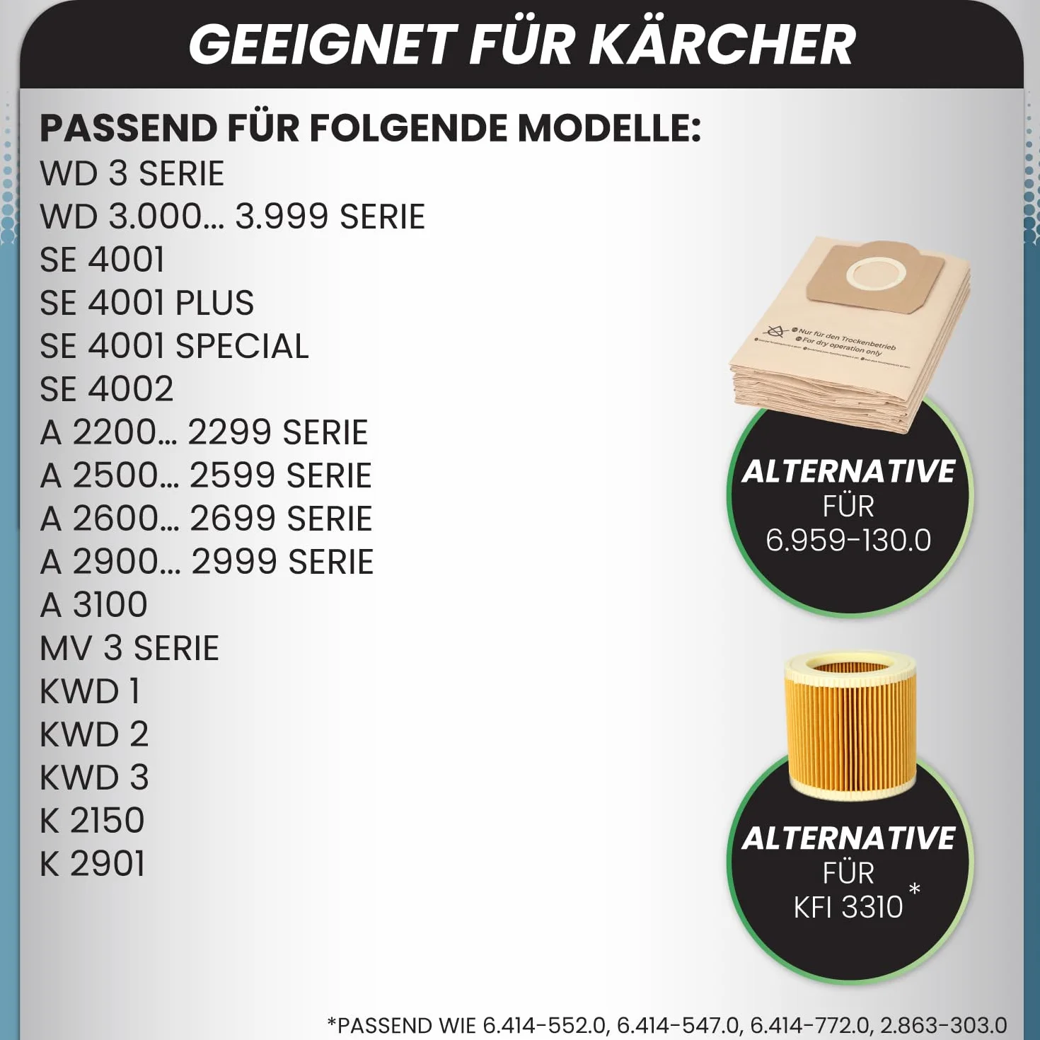 1 juego de 10 bolsas de aspiradora y 1 filtro de cartucho adecuado para aspiradoras multiusos Kärcher de las series WD3 y MV3