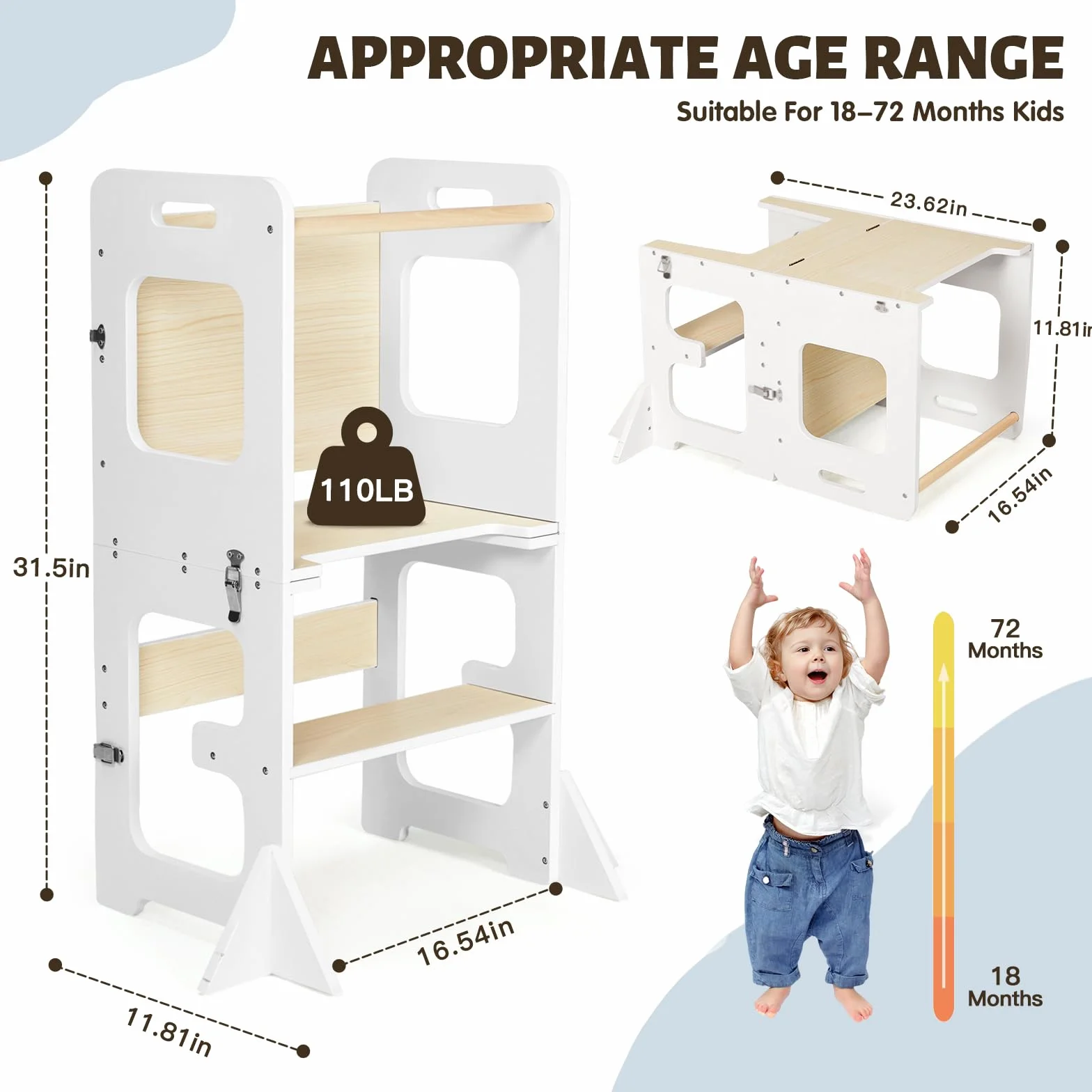 Labebe Torre de Aprendizaje Montessori Plegable 3 en 1 para Niño a Partir de 1 Año Blanco y Madera
