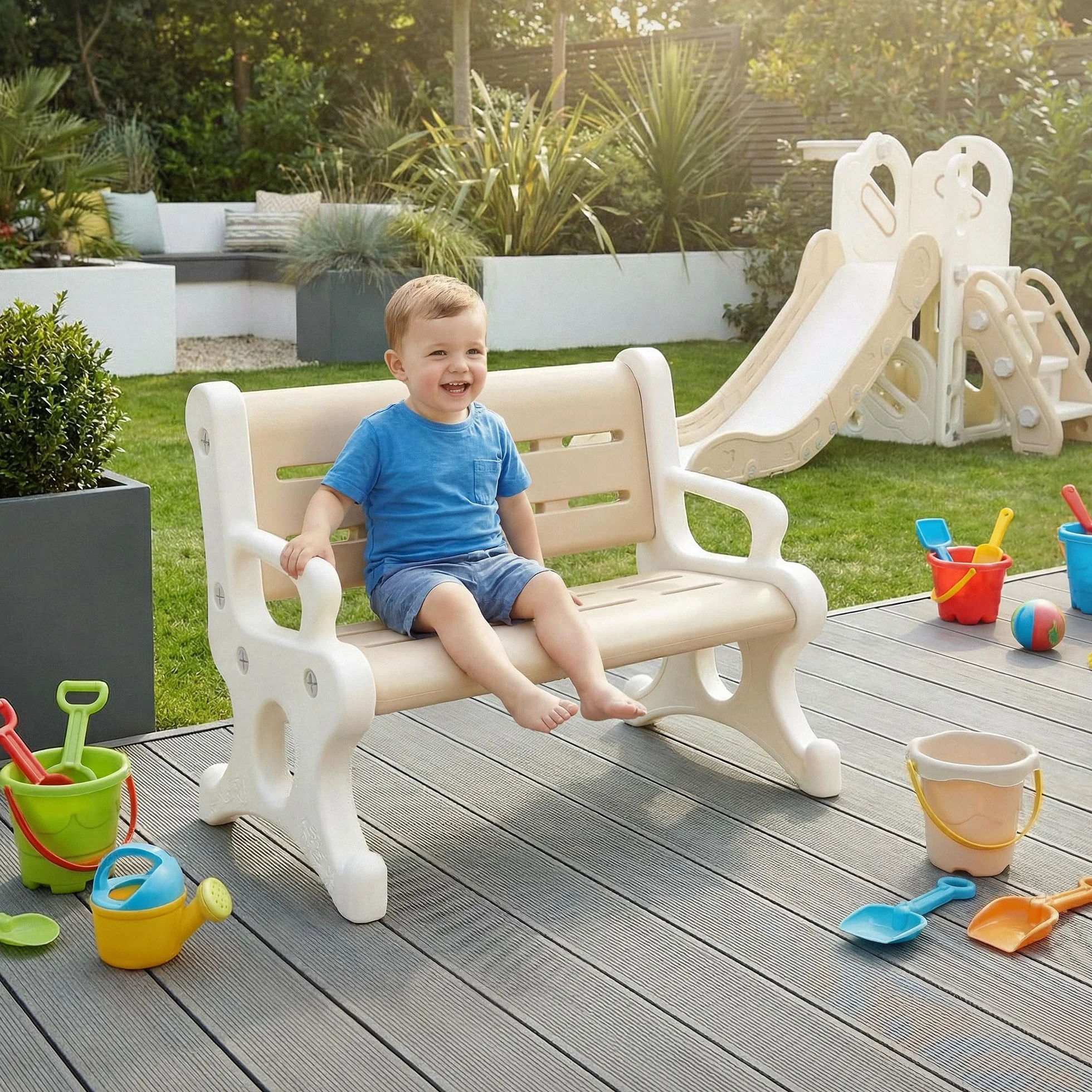 Joyz Banco Infantil Exterior 2 Asientos Plástico Marrón Blanco Resistente Intemperie 81,5x59,5x48 cm