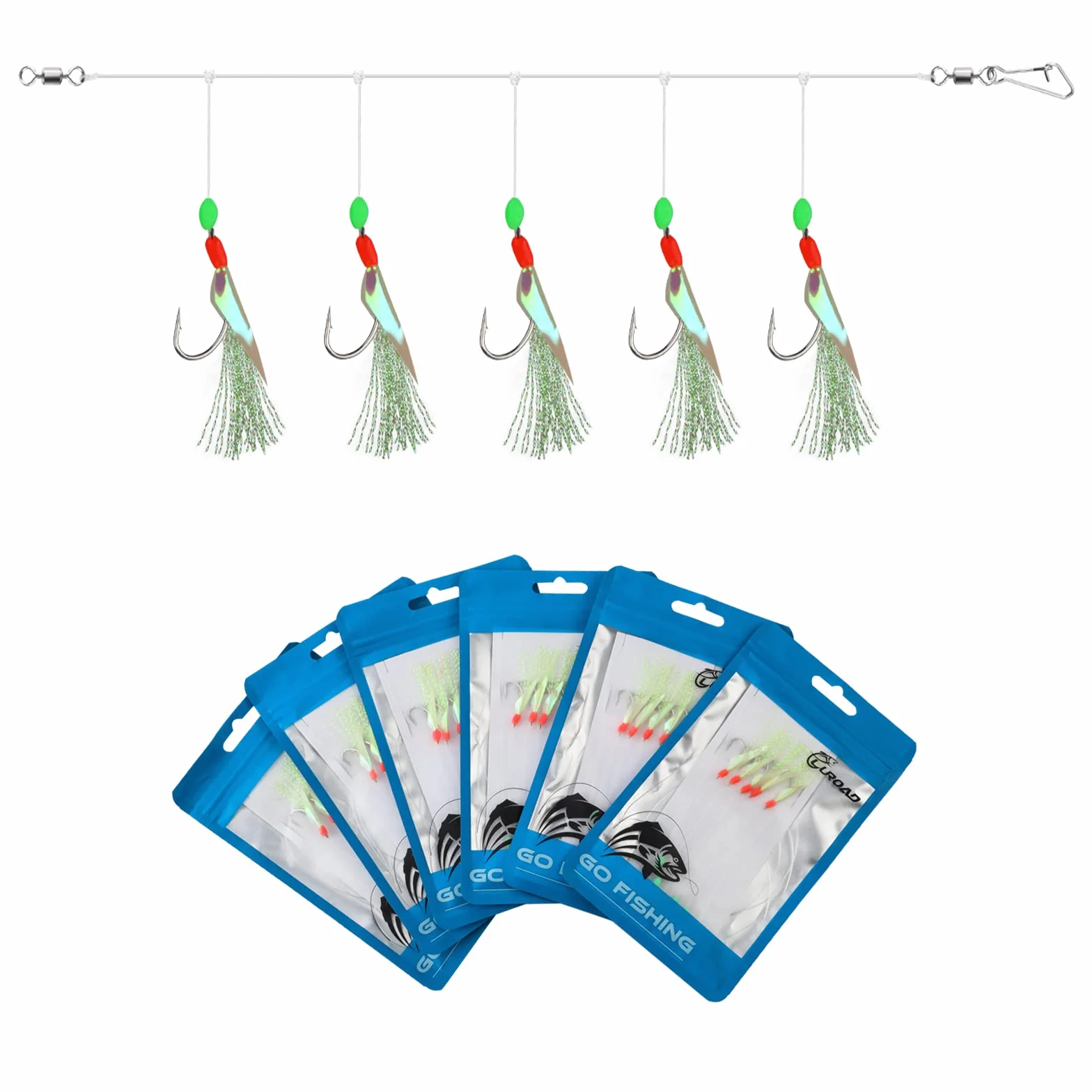Aparejos de Plumas Premontados 6 Anzuelos 30 con Abalorios Fosforescentes para Caballa Bacalao