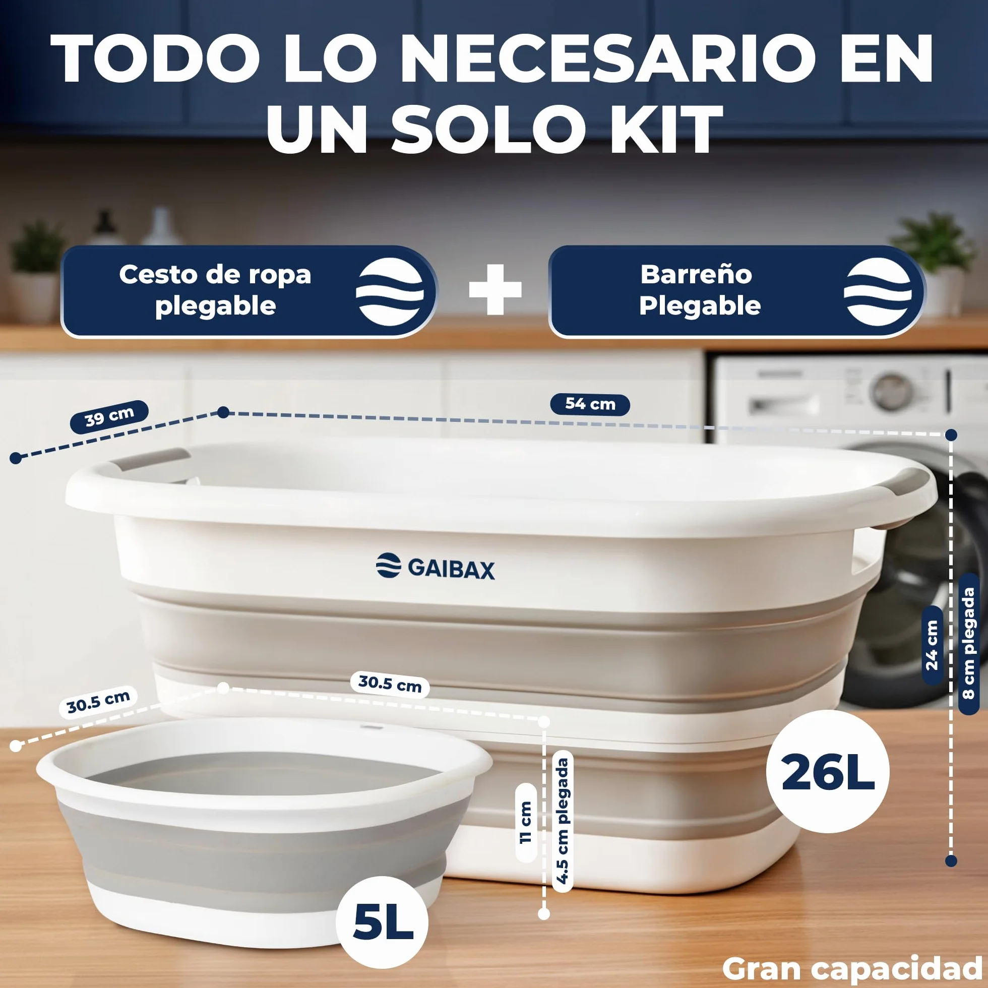 Cesto Ropa Plegable de Colada | Barreño Plegable Incluido | Blanco/Gris | Gran Capacidad 26L | Cesta Multiuso para Colada y Almacenaje | Diseño Compacto Ahorra Espacio en Hogar y Camping (Blanco/Gris)