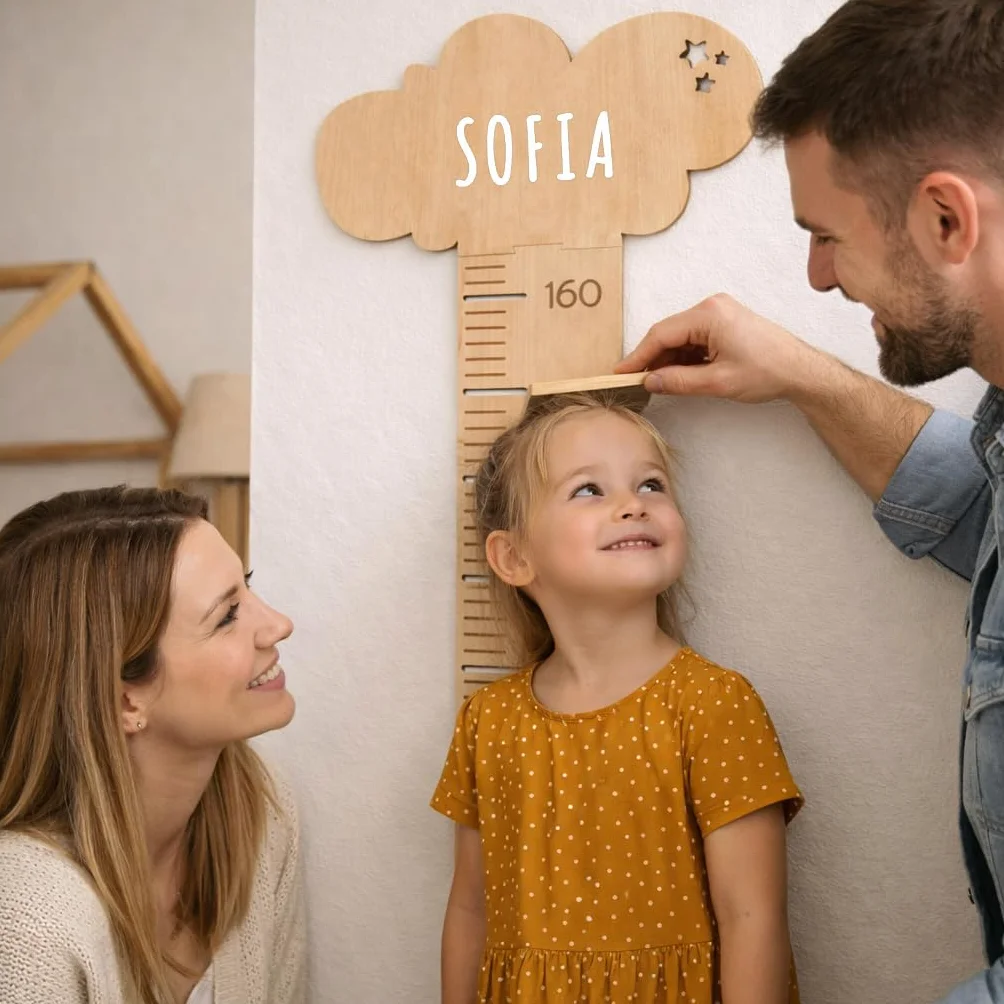 nagu® Medidor Niños Pared Madera Personalizado, Diseño Nube, Regla Altura 63-162 cm, Regalo Infantil