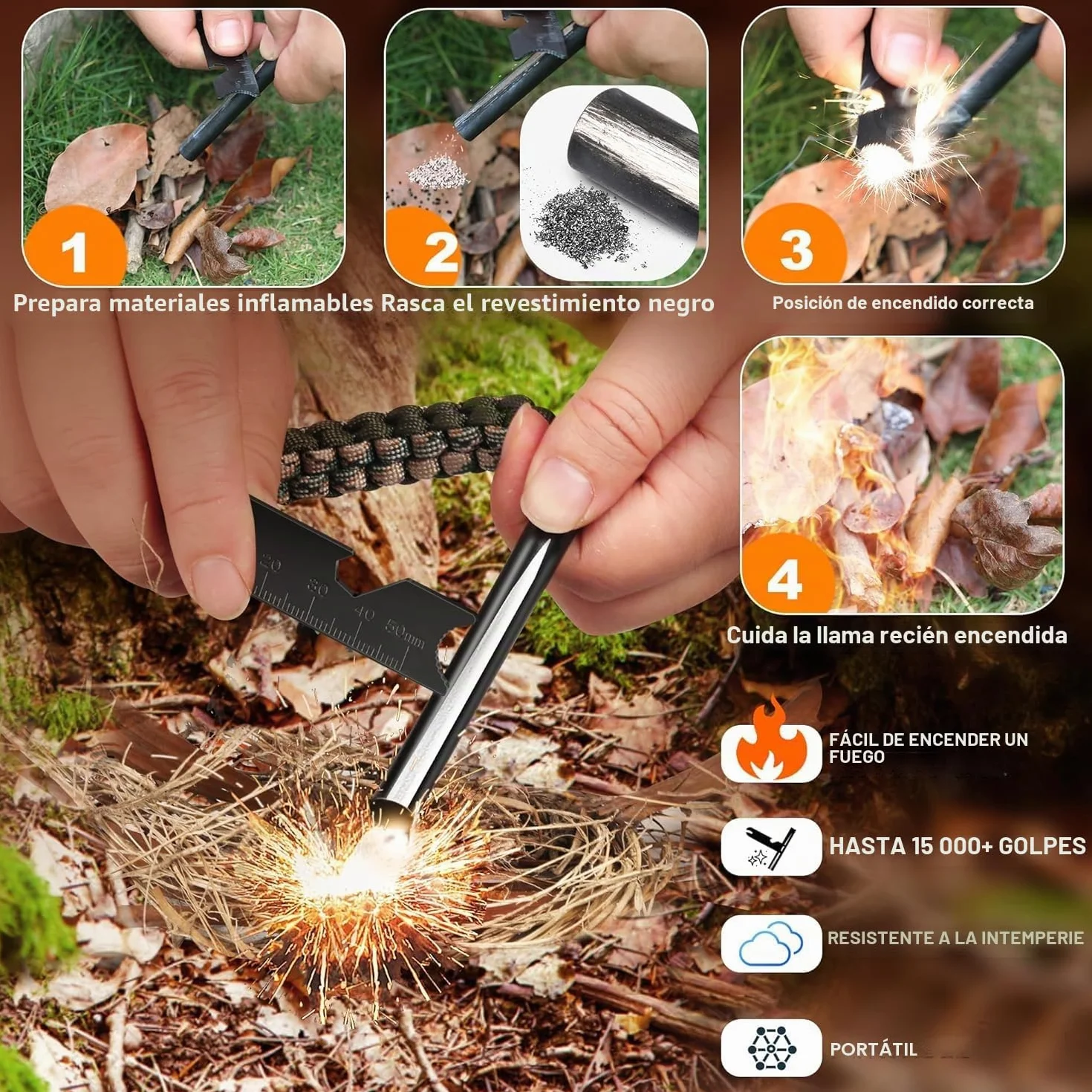 Kit Supervivencia Encendedor Pedernal Ferrocerio Varilla Magnesio Yesca Rascador Caja Metal Camping Senderismo Bushcraft