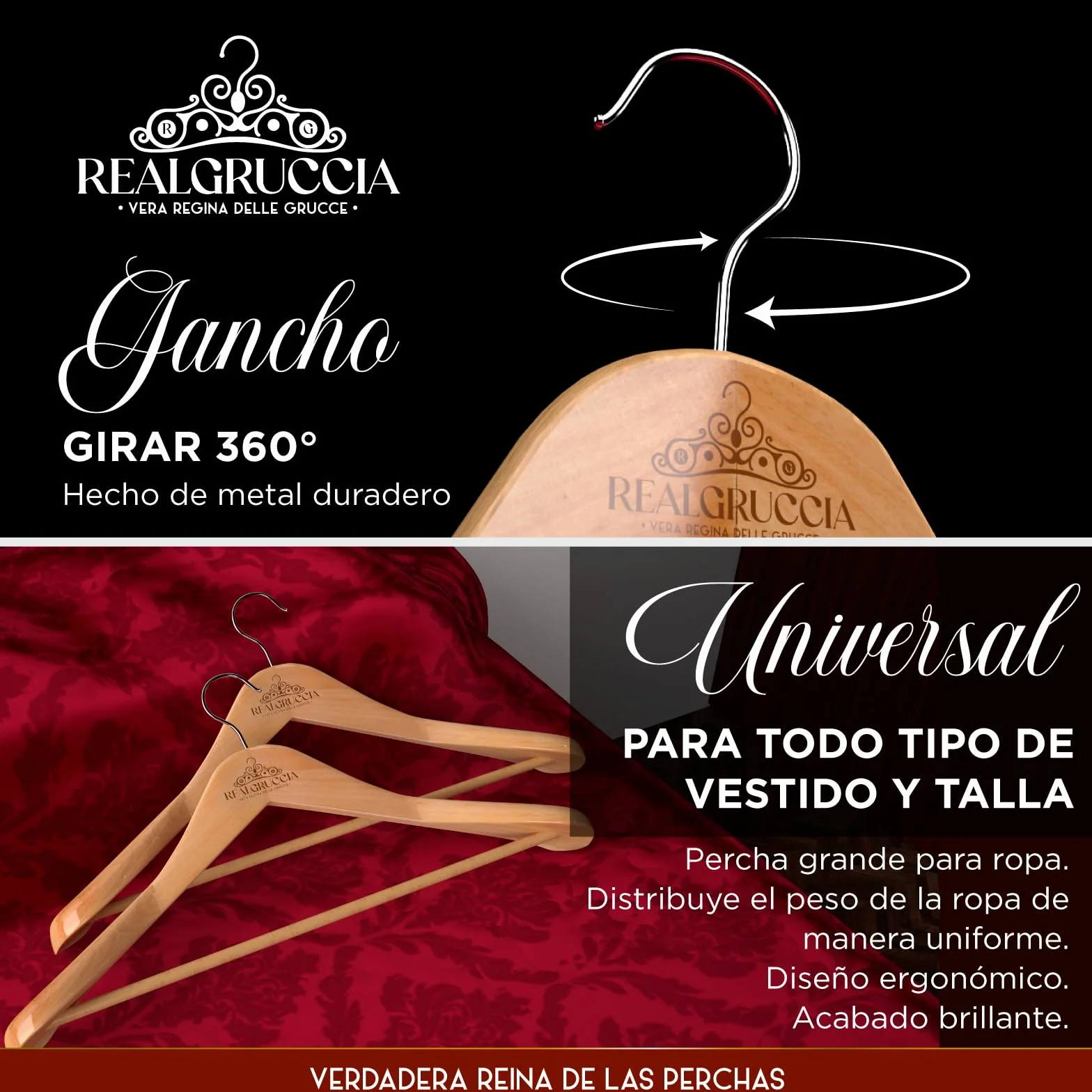6 Perchas de Madera Natural con Hombros Anchos para Ropa Trajes Abrigos 24x45cm RealGruccia - Barra para Pantalones Gancho Giratorio 360° - Acabado Liso y Perfil Biselado