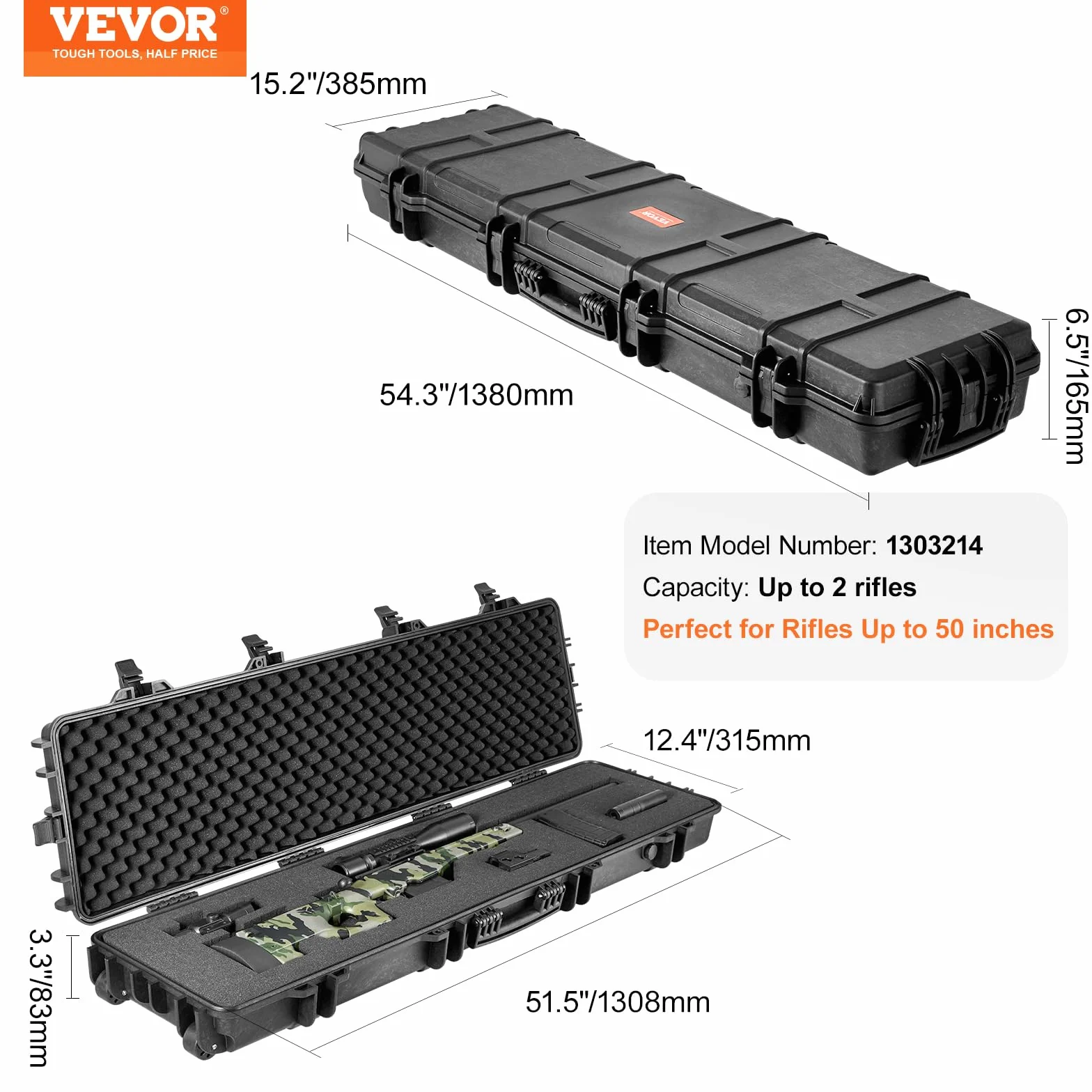 VEVOR Estuche Rígido para Armas 138 cm Maletín para Rifle de Caza con Ruedas Impermeable