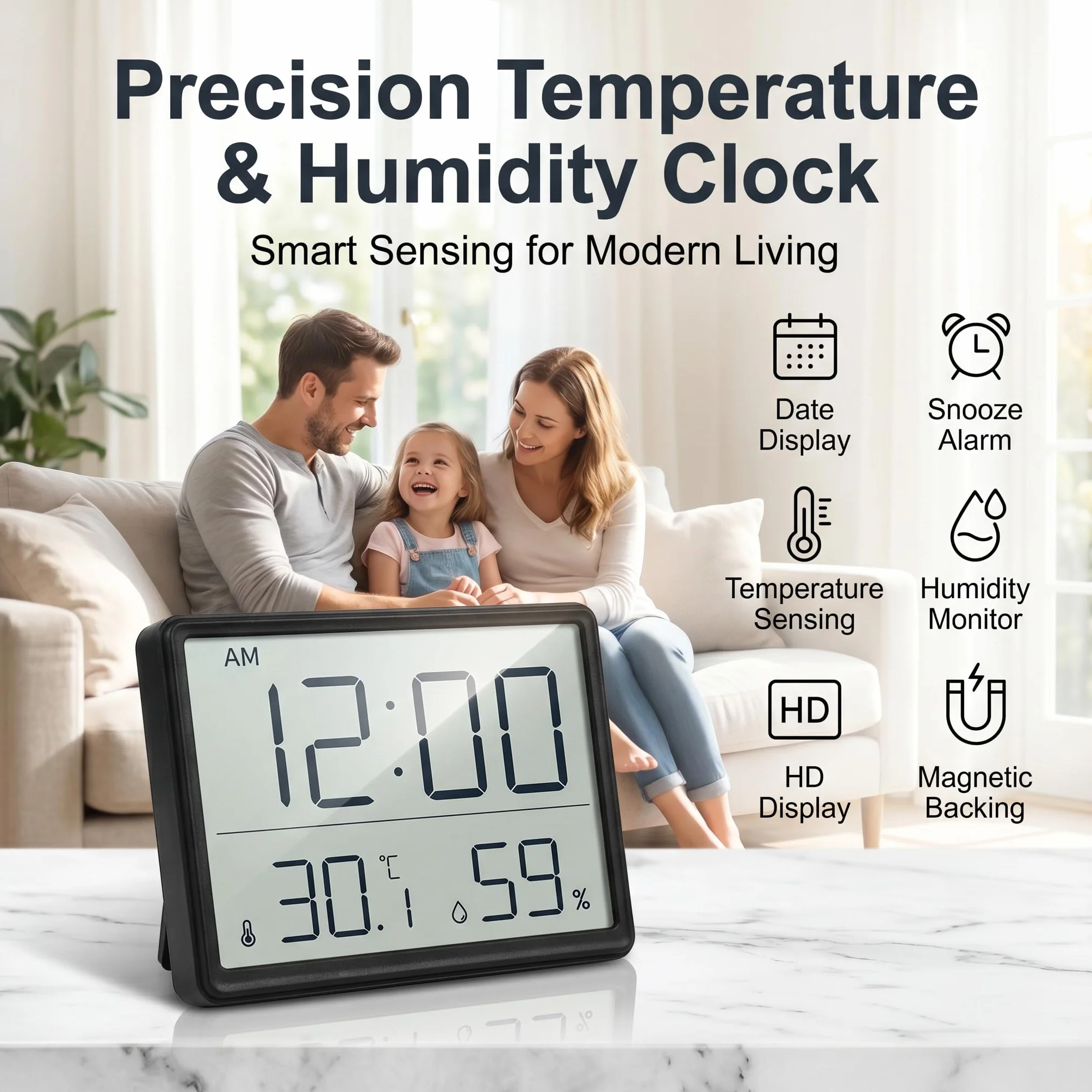 Termohigrómetro Digital LCD, Reloj Despertador con Medidor de Temperatura y Humedad, Reloj 12/24H, Conmutable ℃/℉, Funciona con Batería, Monitor de Clima Interior para Oficina, Escuela, Cocina, Hogar
