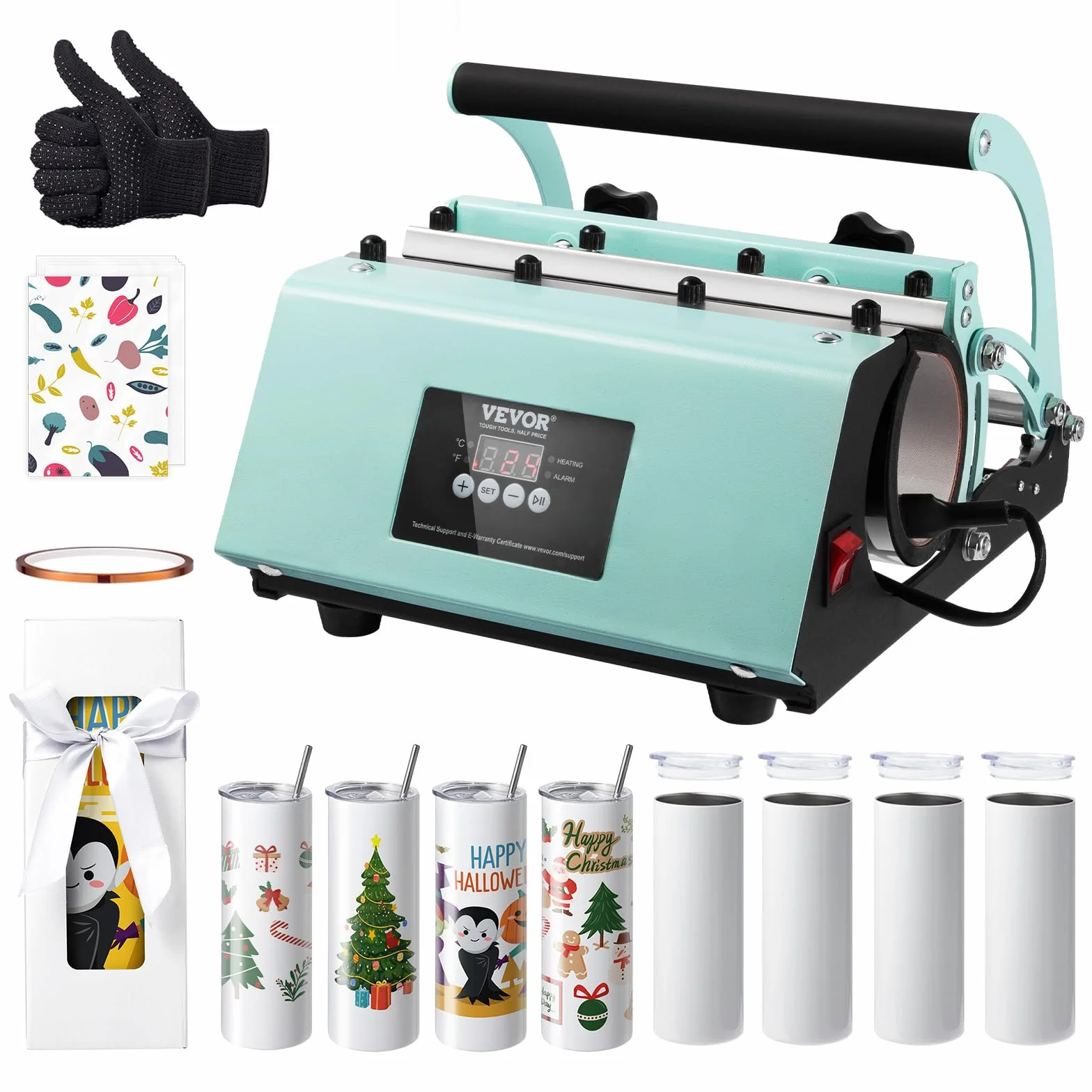 VEVOR Prensa de Calor para Tazas, Prensa de Impresión de Tazas con 8 Tazas Sublimables en Blanco de 59cl, Máquina de Sublimación de Capacidad de 32,5-89cl con Papel de Transferencia de Calor, Guantes
