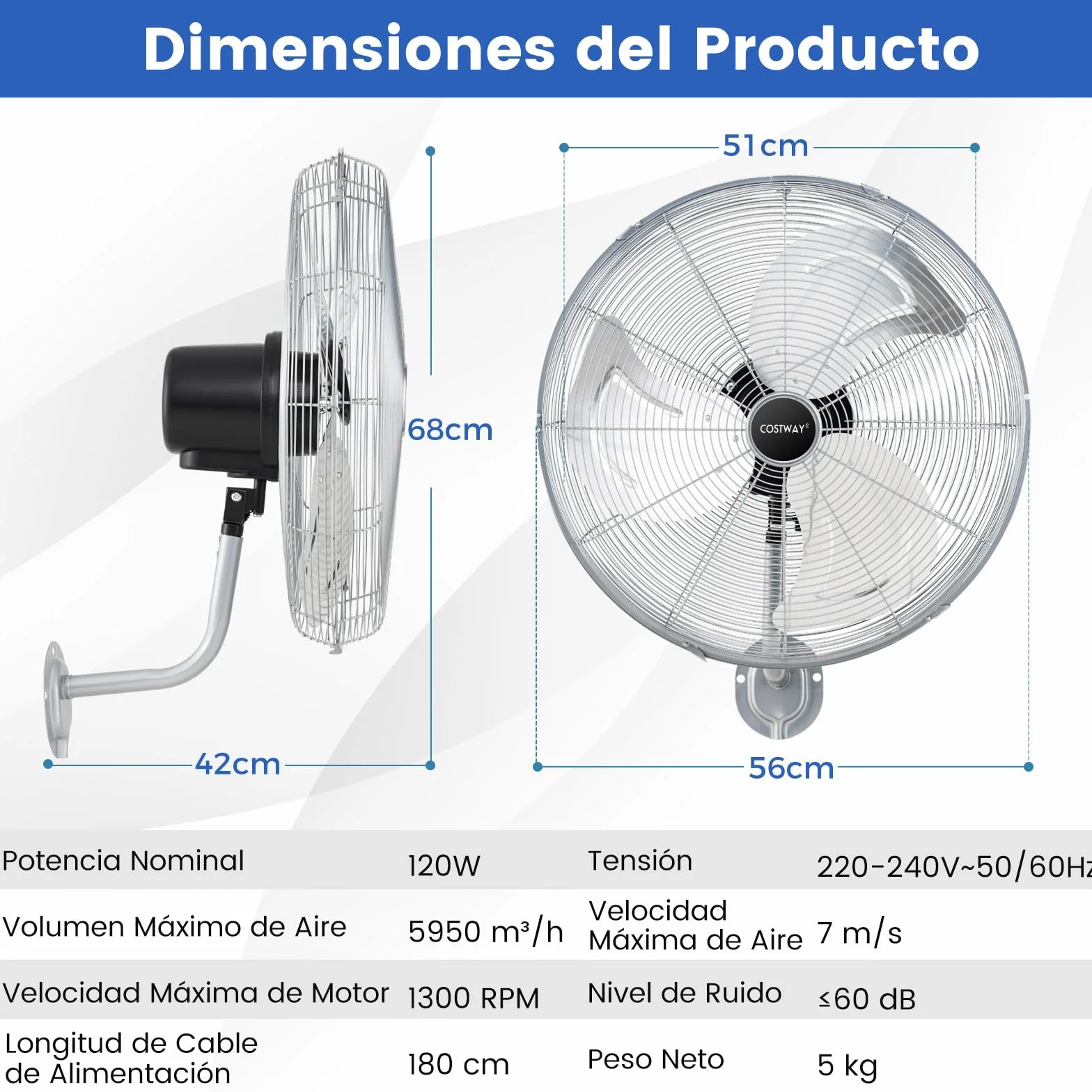 COSTWAY Ventilador Industrial de 120W, Ventilador de Pared Φ55cm con 3 Velocidades, Rotación Horizontal de 85°y Vertical de 30°, 3 Aspas de Aluminio, Metálico para Almacén y Taller (Plata)