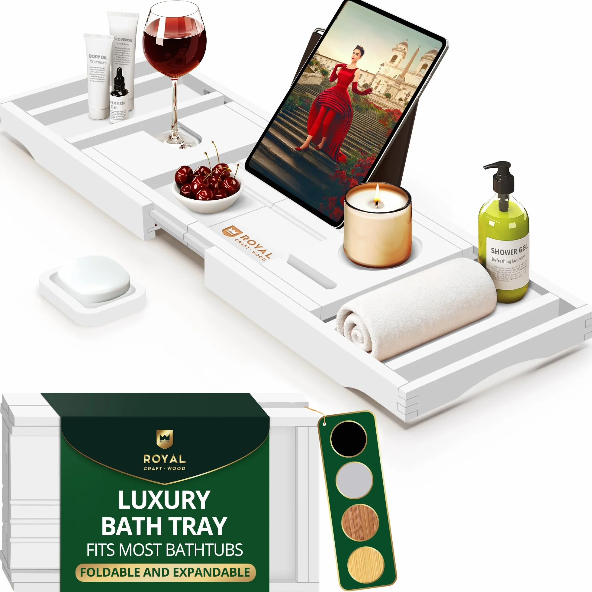 Royal Craft Wood Bandeja de Lujo para bañera, Bandeja de baño y Cama para 1 o 2 Personas, Bandeja de Mesa de bañera con Lados Extensibles, Bandeja organizadora Ajustable para baño, jabonera Gratis