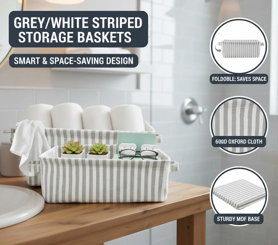 Juego de 2 Cajas Organizadoras de Tela Plegables, Cestas de Almacenamiento Estrechas con Asas para Armarios, Estanterías y Baños - 38x15x13 cm, Gris y Blanco