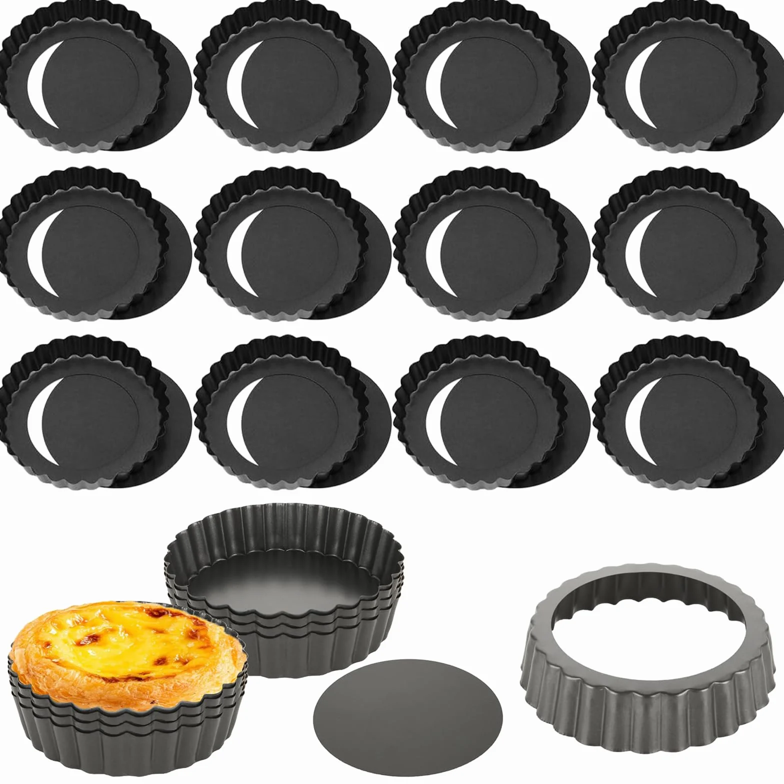 Molde para Tartaletas con Fondo Desmontable, 12 Piezas, Antiadherente, para Quiche, Pasteles de Fruta y Pasteis de Nata, 4 Pulgadas