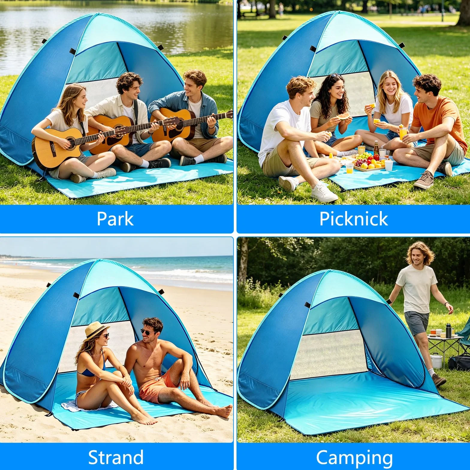 Carpa Playa Pop Up UV 50+ Protección Viento 1-3 Personas Bolsas Almacenamiento Clavos Suelo Azul