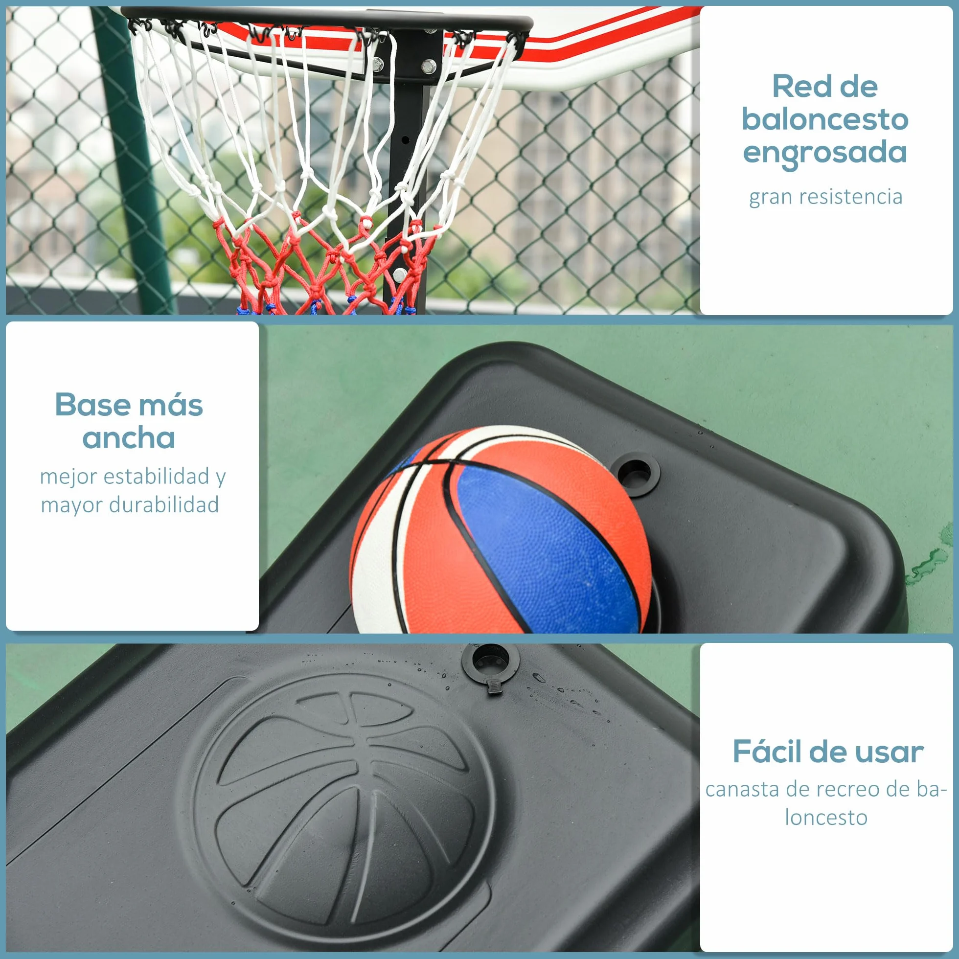 HOMCOM Canasta de Baloncesto de Pie Ajustable 194-249 cm Base Rellenable Agua 30 kg Arena 35 kg Ruedas Transporte Multicolor