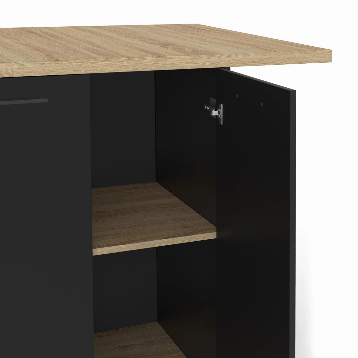 IDMarket – Ilot central BAO 140 cm 4 personas madera negra con encimera de haya