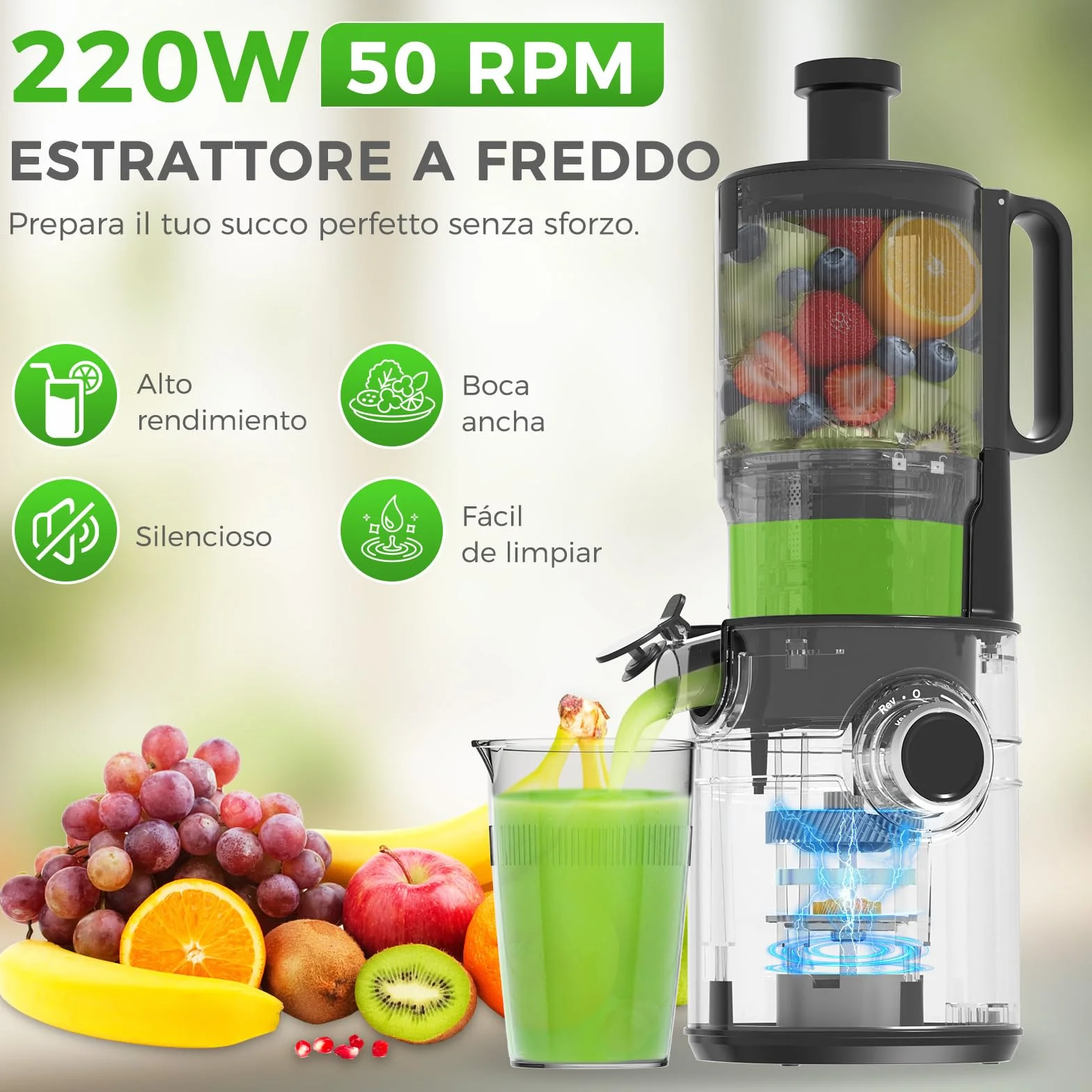 Extractor de zumos y verduras, YASHE juicer machine con boca de alimentación ancha de 12,7 cm para frutas y verduras enteras, licuadora prensado en frío con autoalimentación, alto rendimiento de zumo