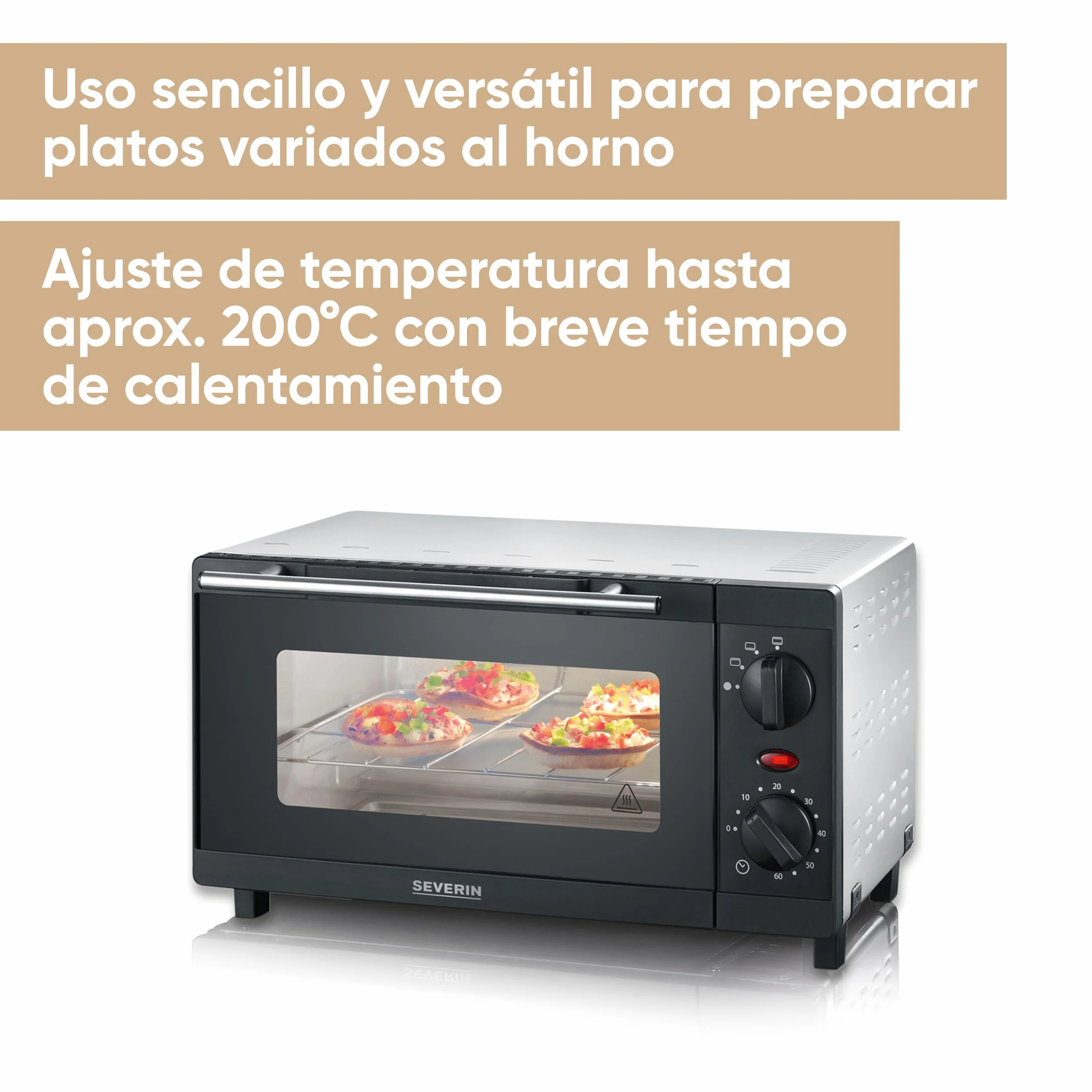 SEVERIN Mini horno tostador, horno compacto de sobremesa con grill, horno pequeño con bandeja y temporizador de 60 minutos, 800 W, 9 L, negro, TO 2052