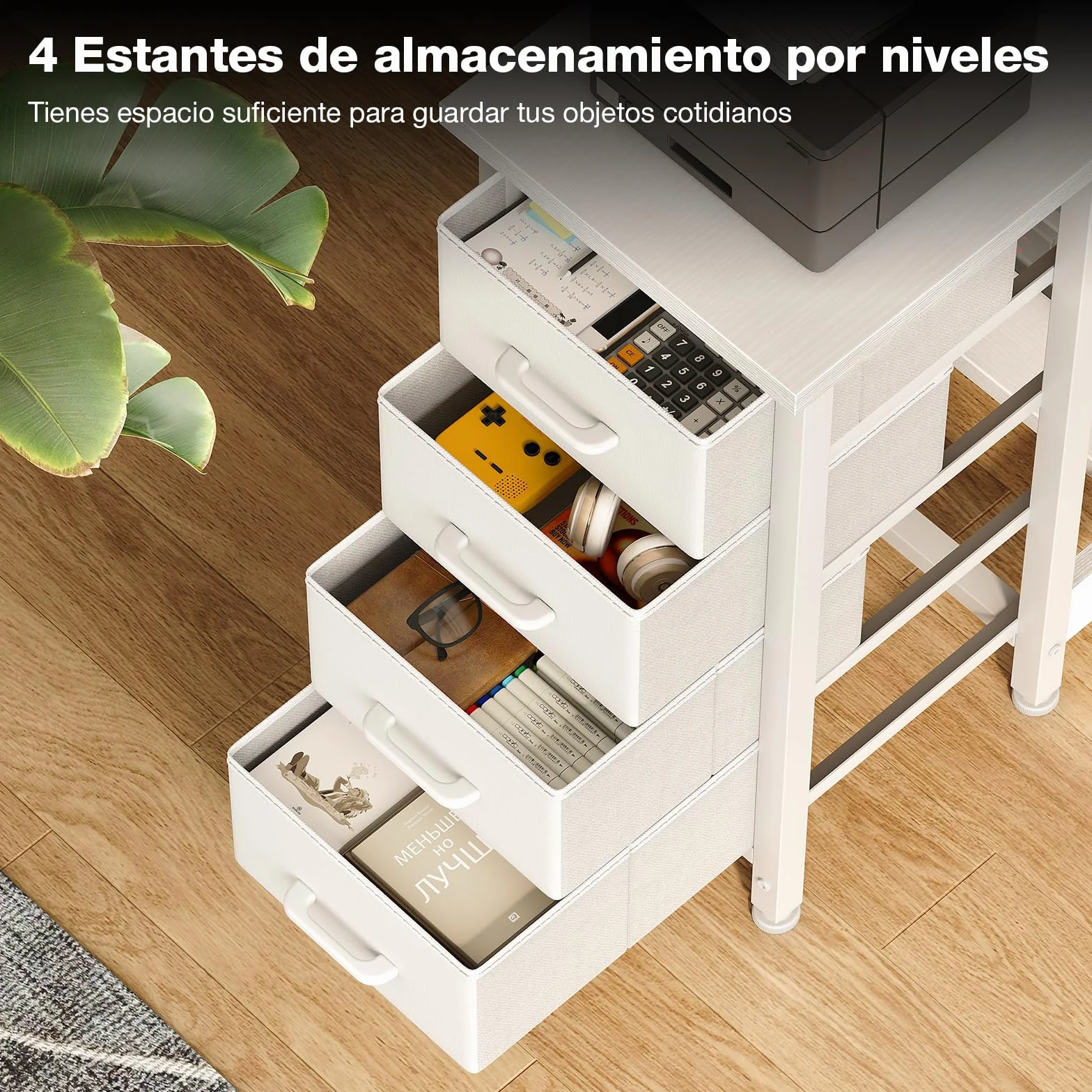 Coleshome Escritorio Esquinero con 4 Cajones de Tela, 100x70cm Escritorio en L Reversible con Almacenamiento y Estanteria, Mesa Escritorio para Oficina en Casa y Dormitorio, Blanco