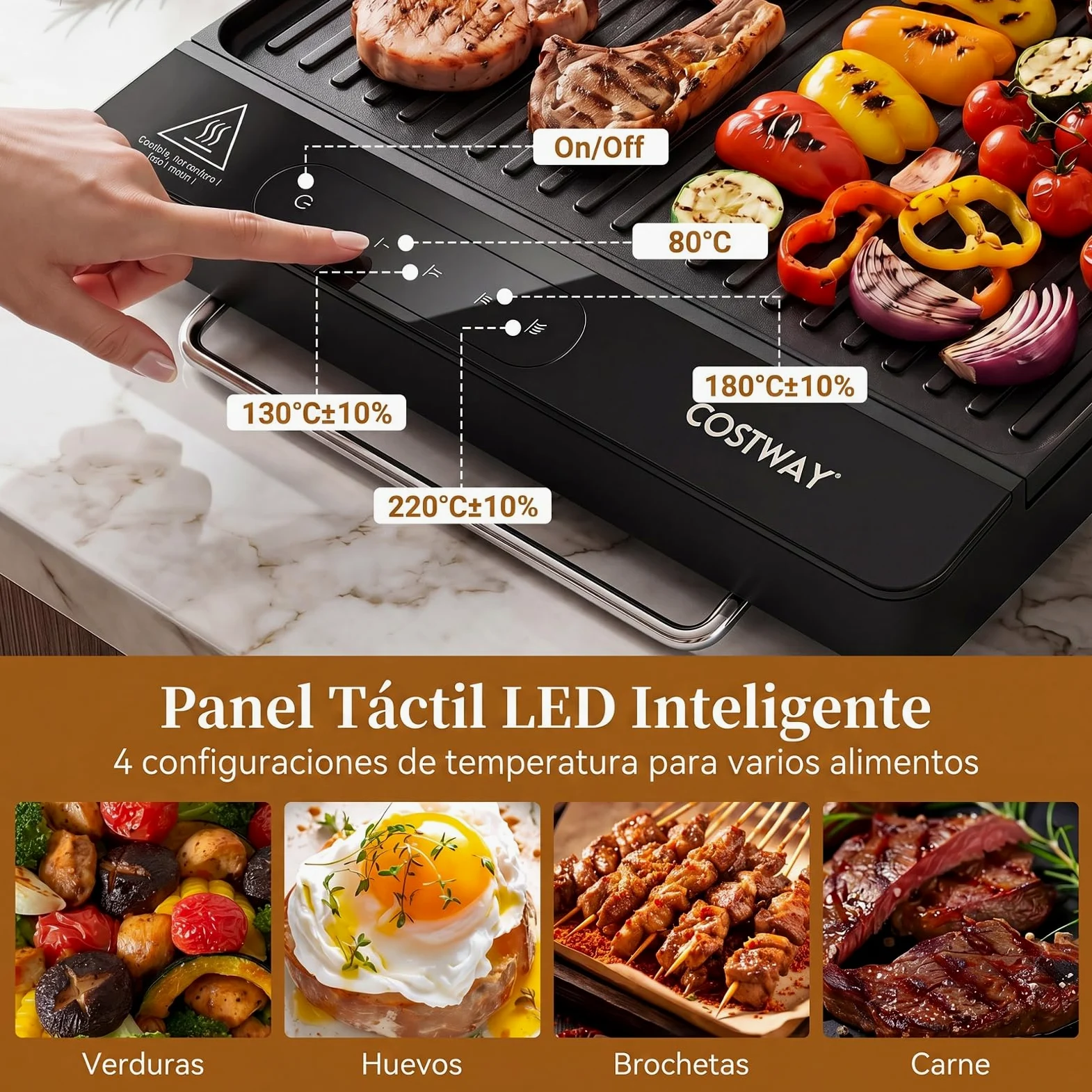 COSTWAY Plancha Eléctrica 1500 W, 60 x 28cm, Temperatura Ajustable | Parrilla Cocina con Antiadherente Extraíble, Asas Frías al Tacto y Patas Plegables, para Hogar, Picnic