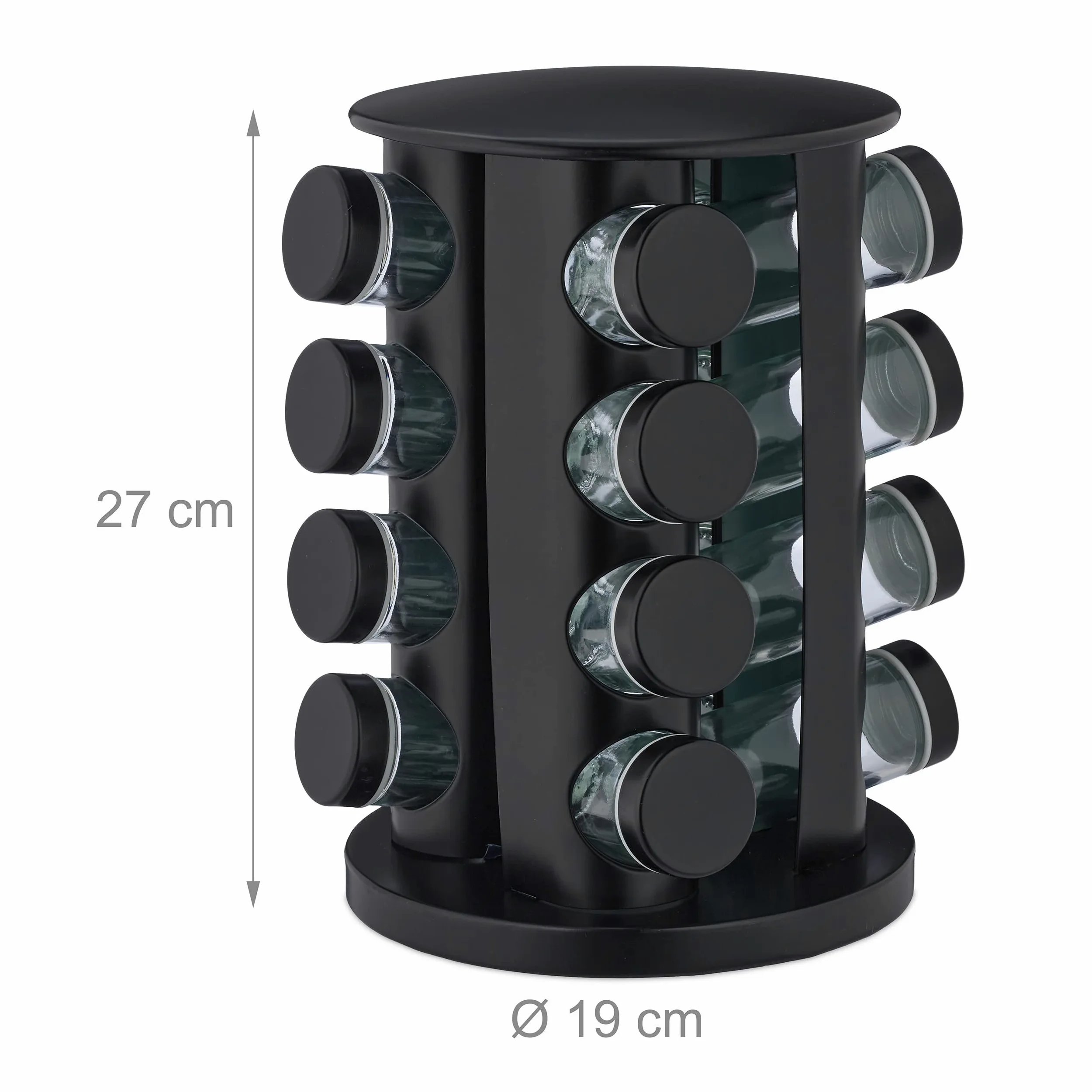 Relaxdays Especiero Giratorio con 16 Botes, con Dosificadores Rotatorio, Soporte Especias Reutilizable de Cocina, Negro