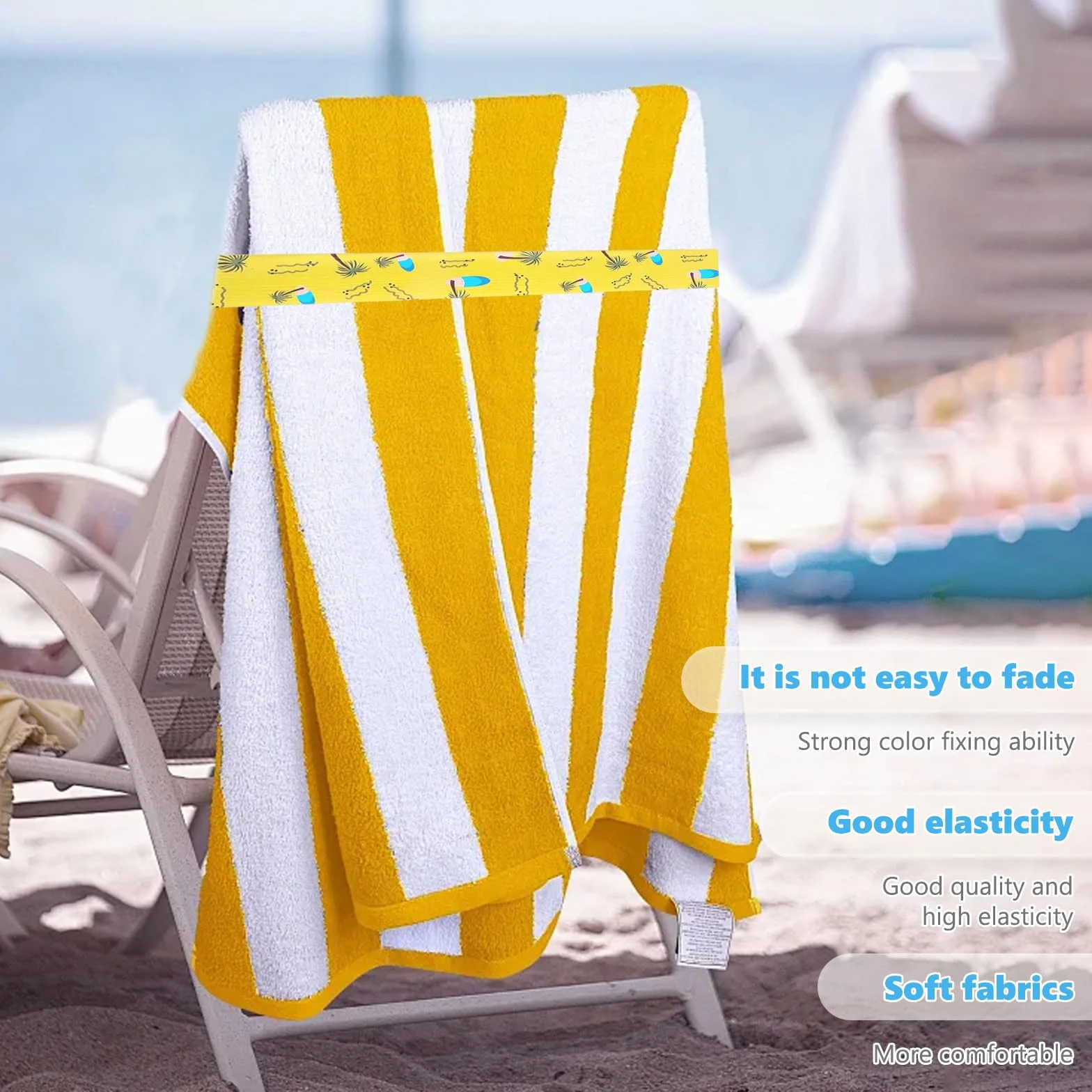 4 Piezas Bandas Elásticas para Sillas de Playa, Correas de Fijación Firme para Crucero, Antiviento Clips de Toalla para Tumbonas, Silla Piscina, 5 x 30cm