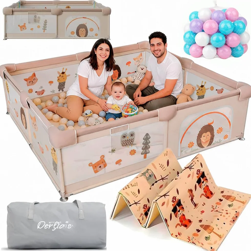 Parque Infantil Bebe del Bosque 120x120 - Corralito Bebe con Malla de Animales Transpirable Alfombra Acolchada +60 BOLAS - Corral Plegable Baby ANTIDESLIZANTE