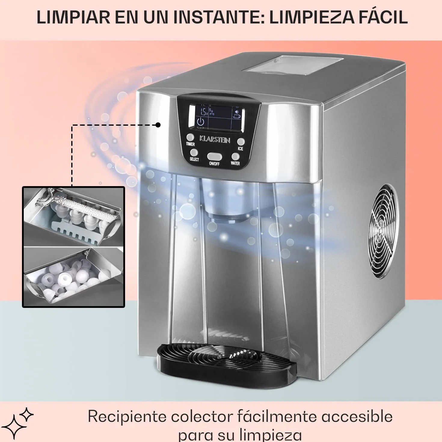 Klarstein Maquina de Hielo para Casa 2L, Ice Maker Encimera 12 kg, Maquina para Hacer Cubitos de Hielo Grandes para Casa con Panel Táctil y Sistema Auto Limpieza, Función Extra Rápida