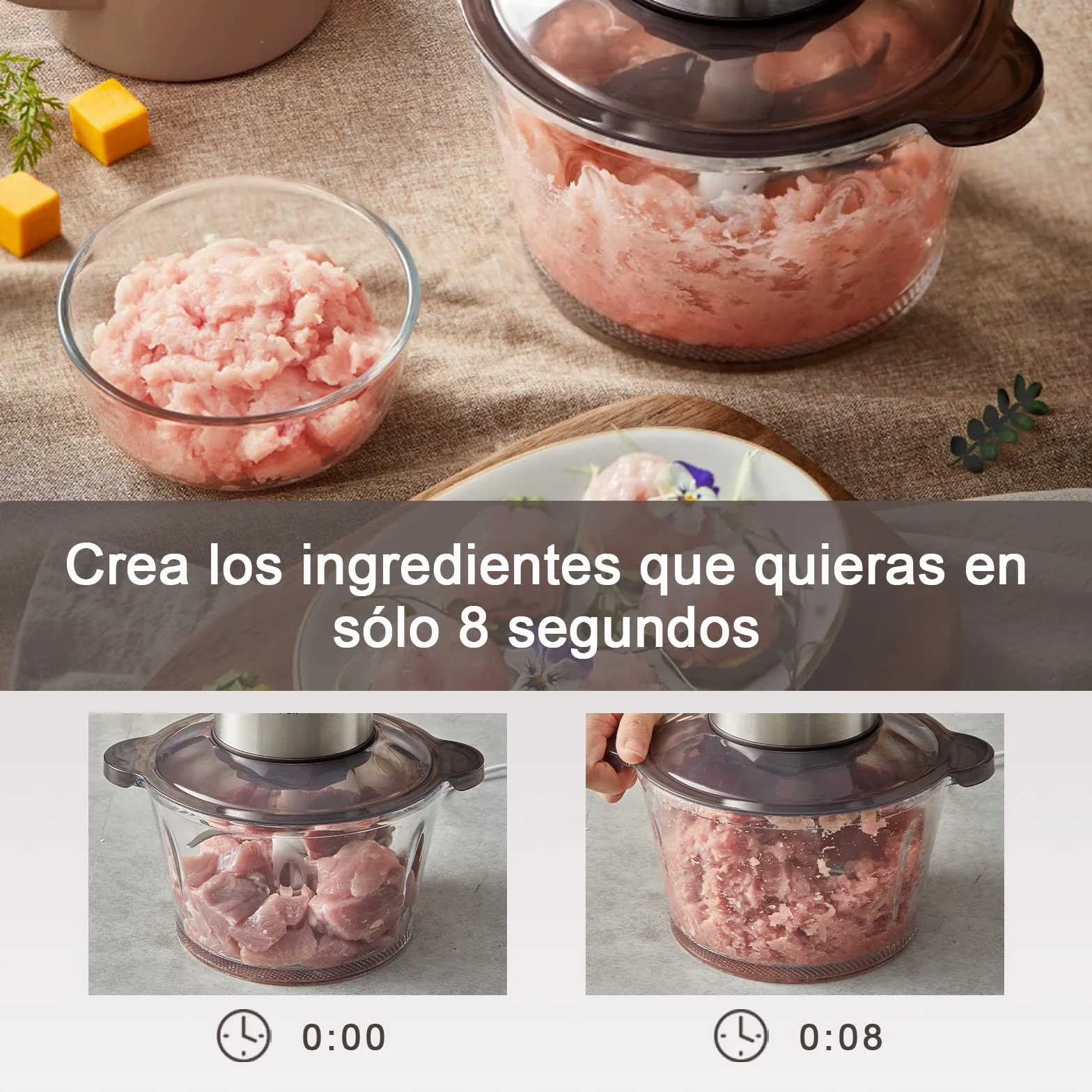 Bear 2L Vidrio Picadora De Alimentos, Función Pulso Con Una Mano,2600r/Min,2 Velocidades, Trituradora Con 4 Cuchillas De Acero Inoxidable, Picadora De Cocina Para Carne, Verduras,Cebolla Y Frutas