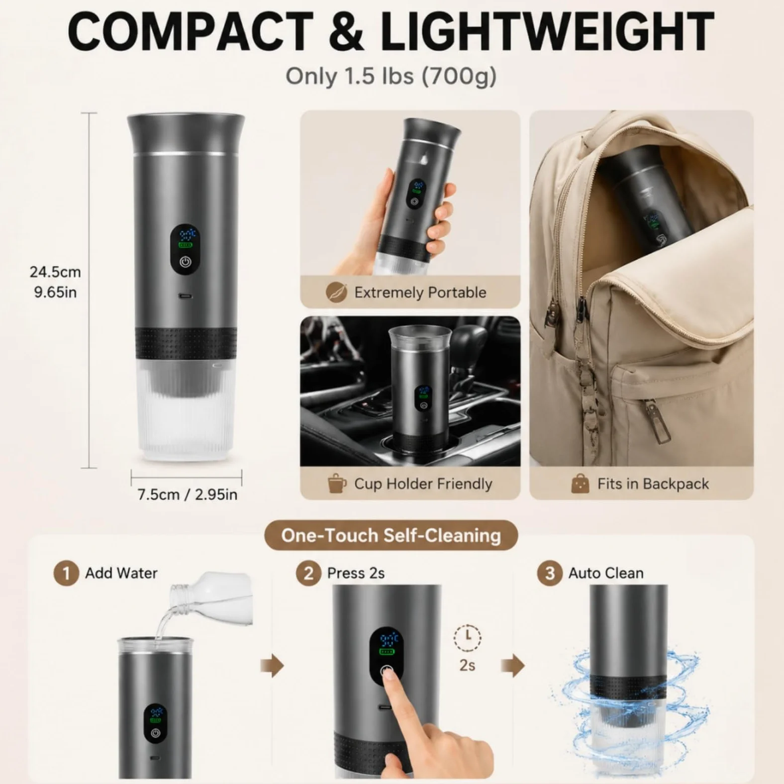 Cafetera portátil con autocalentamiento, 3 en 1, recargable, para coche, camping, viajes, compatible con cápsulas y café en polvo, gris