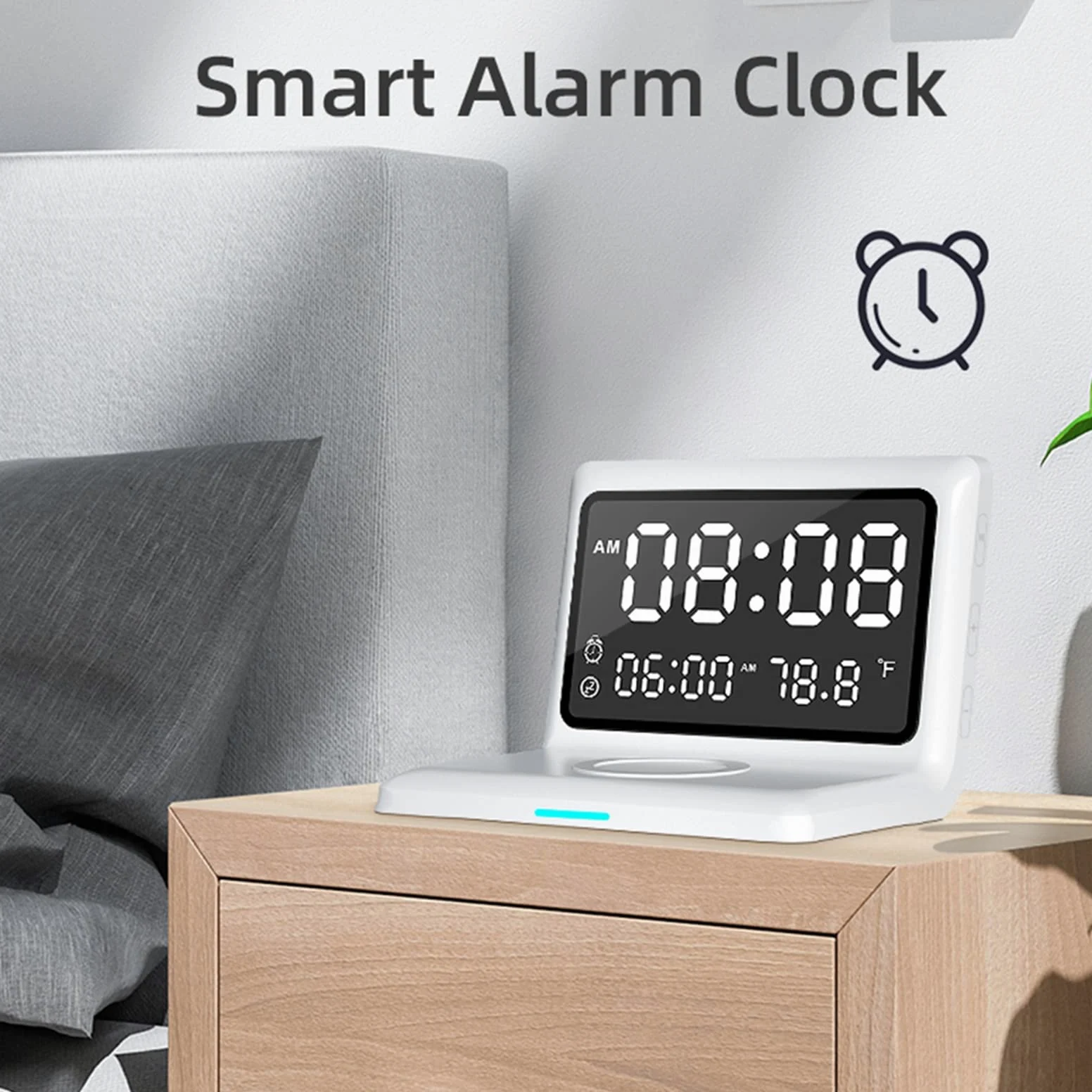 Reloj Despertador, Cargador Inalámbrico Rápido Espejo Reloj Despertador LED Digital Teléfono Soporte de Carga Inalámbrico Calendarios Perpetuos Termómetro para iOS para Xiaomi,Blanco