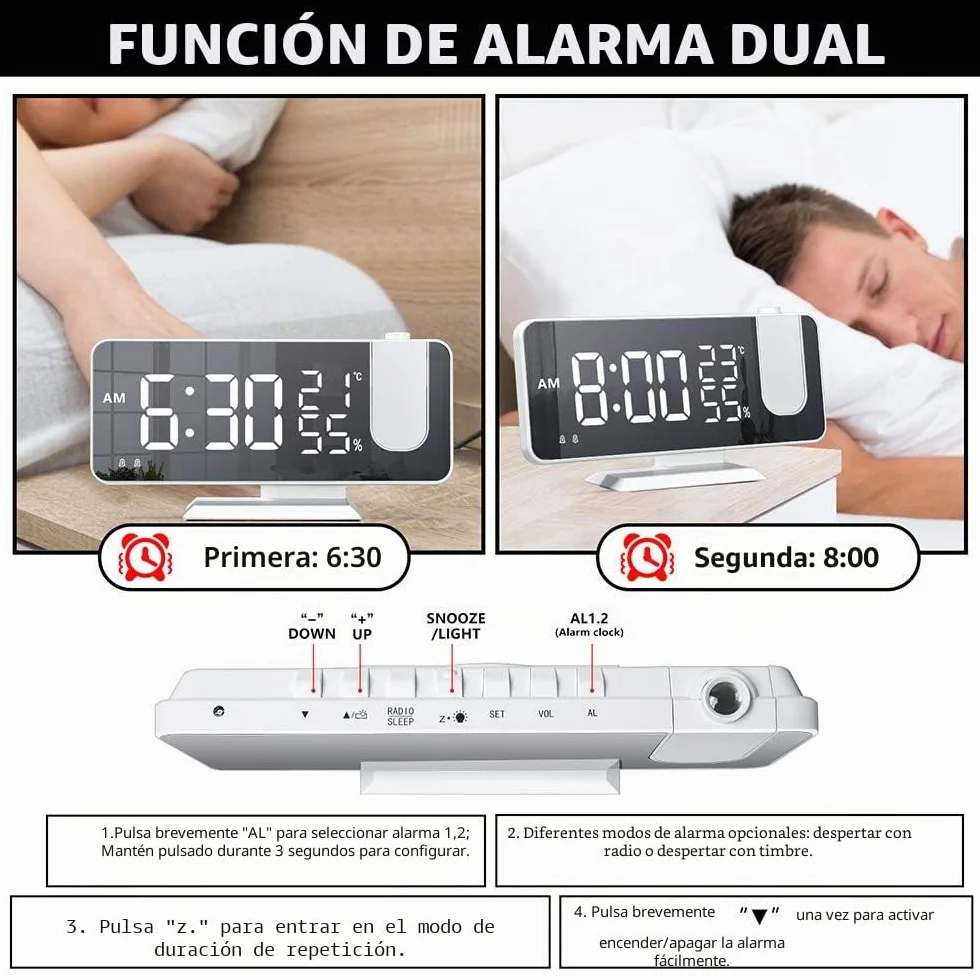 Despertador de proyección, Despertador Digital LED con Superficie de Espejo, Puerto de Carga USB, repetición, Doble Alarma, Radio FM, Modo de 3 atenuaciones, Humedad de Temperatura, Ajuste
