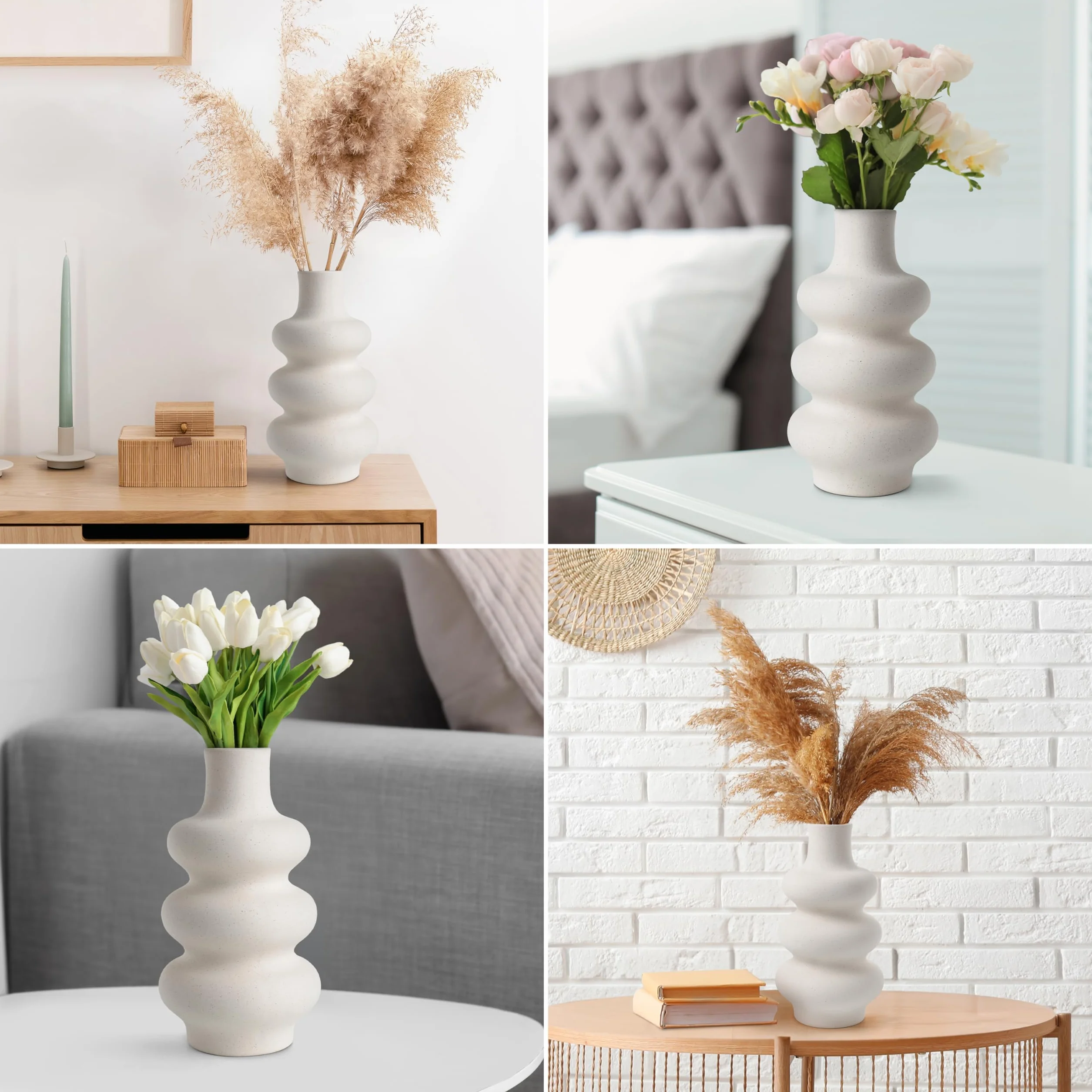 Winter Shore Jarron Ceramica Beige - Jarron Decorativos Modernos de 25 cm con Diseño de Donut Redondo - Jarrón Flores Secas, Pampas, Ramo Fresco para Oficina, Cenas, Centros de Mesa, Fiestas, Bodas