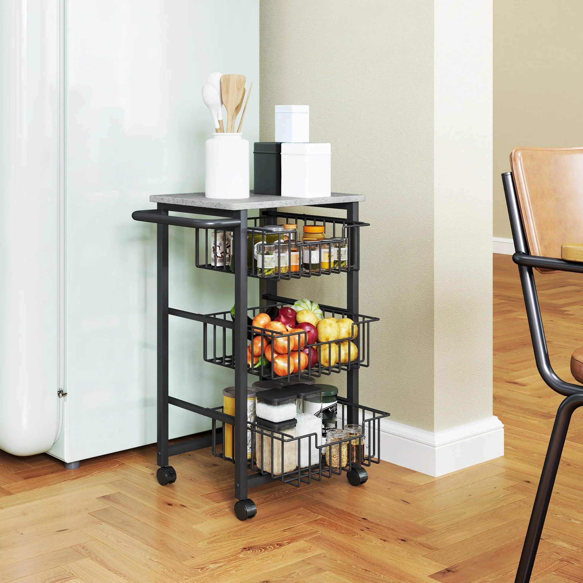 HOMCOM Carrito de Cocina Carrito Verdulero para Cocina con 3 Cestas Deslizables y Marco de Acero Carrito Auxiliar con Ruedas para Comedor 49,5x31x69 cm Gris Claro