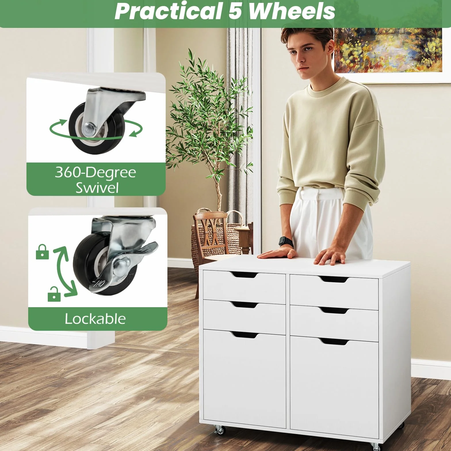 KOMFOTTEU Archivador Móvil con 5 Ruedas, Cómoda con 4 Cajones y 2 Armarios con Puertas, Soporte para Impresora de Madera, Mueble de Almacenamiento para Oficina, Salón
