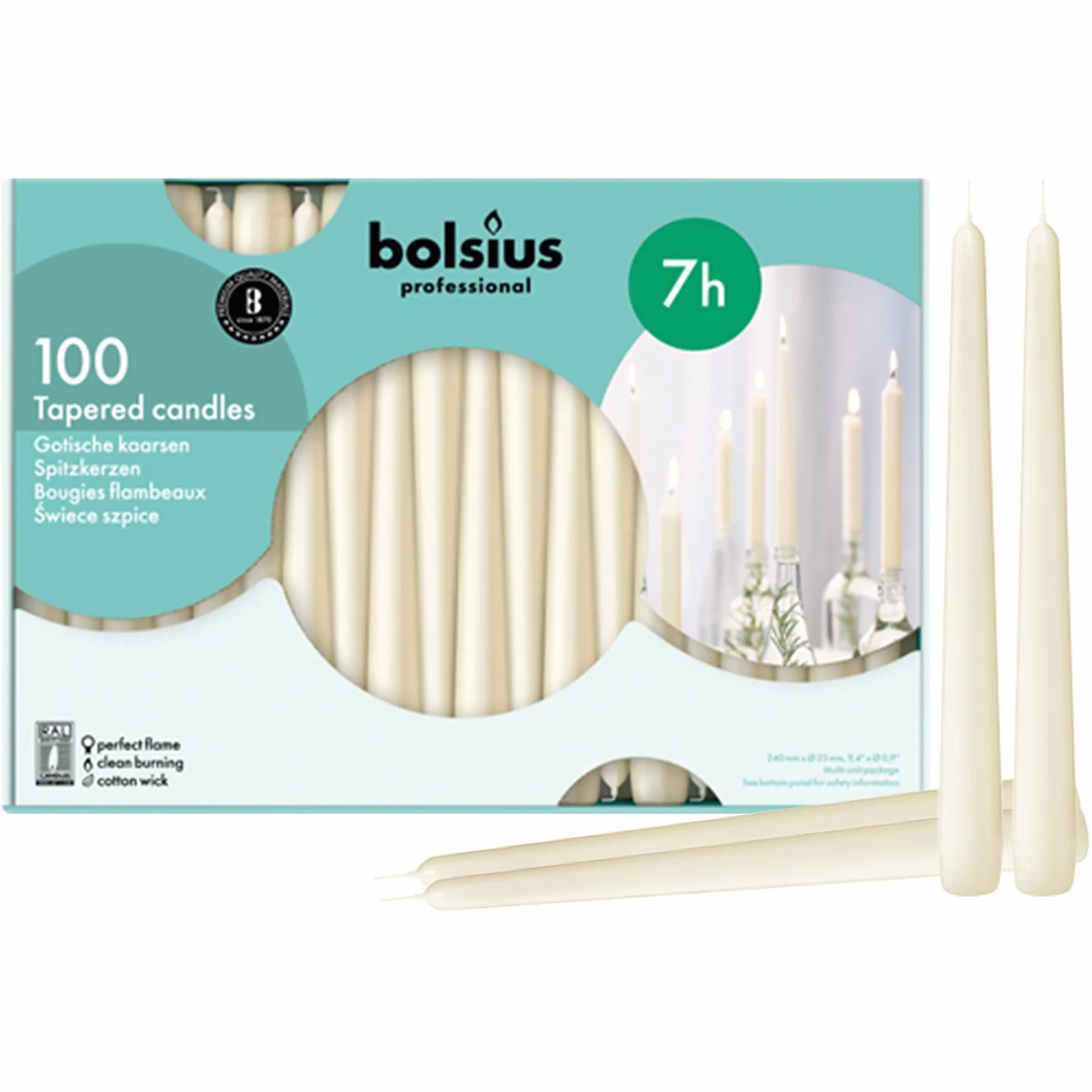 Bolsius – Vela perfumada 103400335505 Tapered vela marfil, 10 ", crema (Pack de 100)