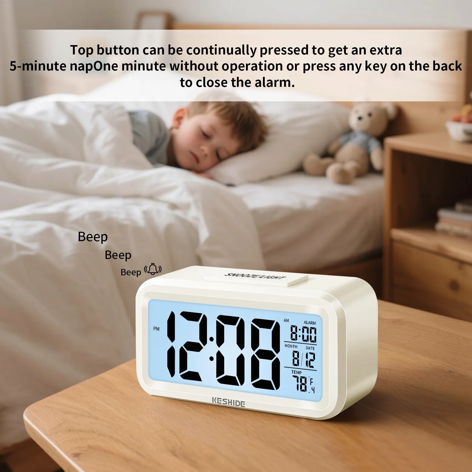 Reloj despertador digital con luz nocturna, funciona con pilas con temperatura interior, reloj pequeño de escritorio, modelo de repetición, pantalla de 12/24 horas para dormitorios, niños que