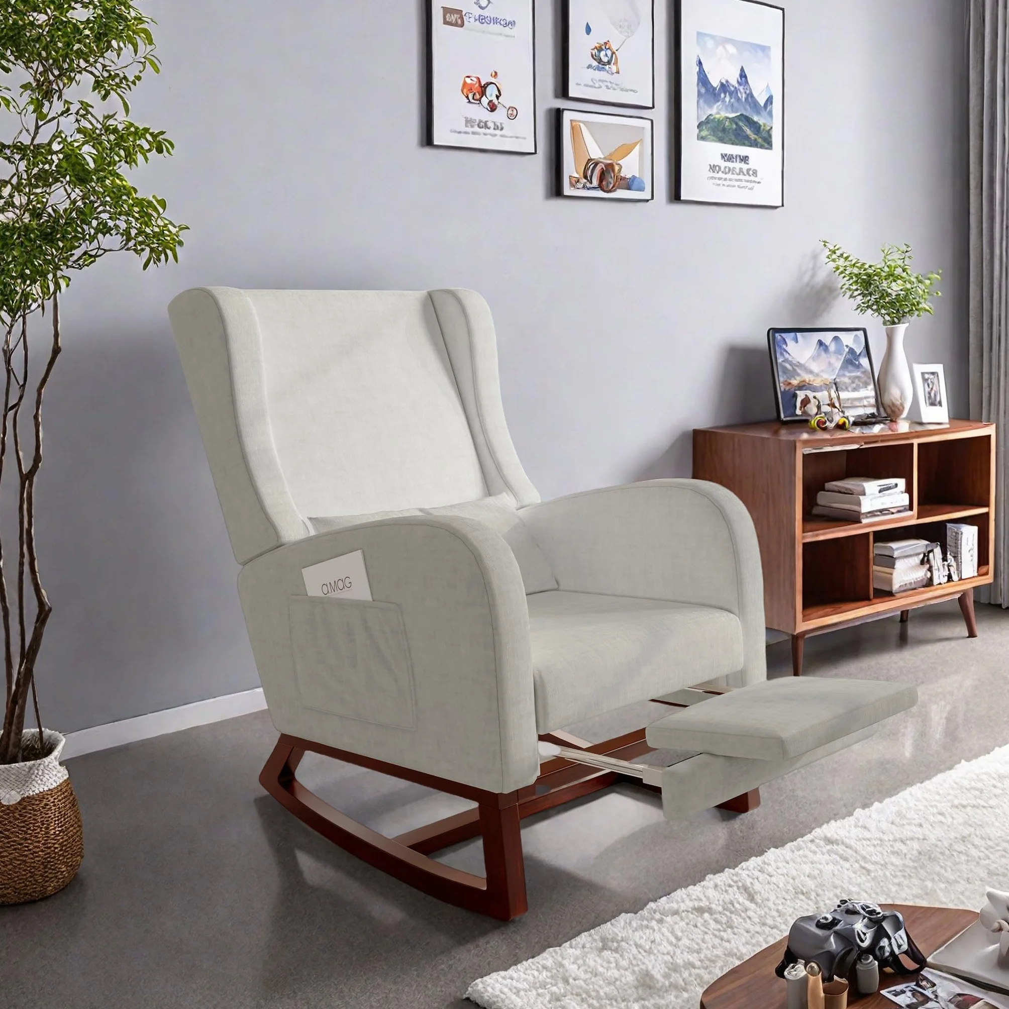 Sillón basculante con reposamuñecas retráctil, mecedora lactancia gris lino