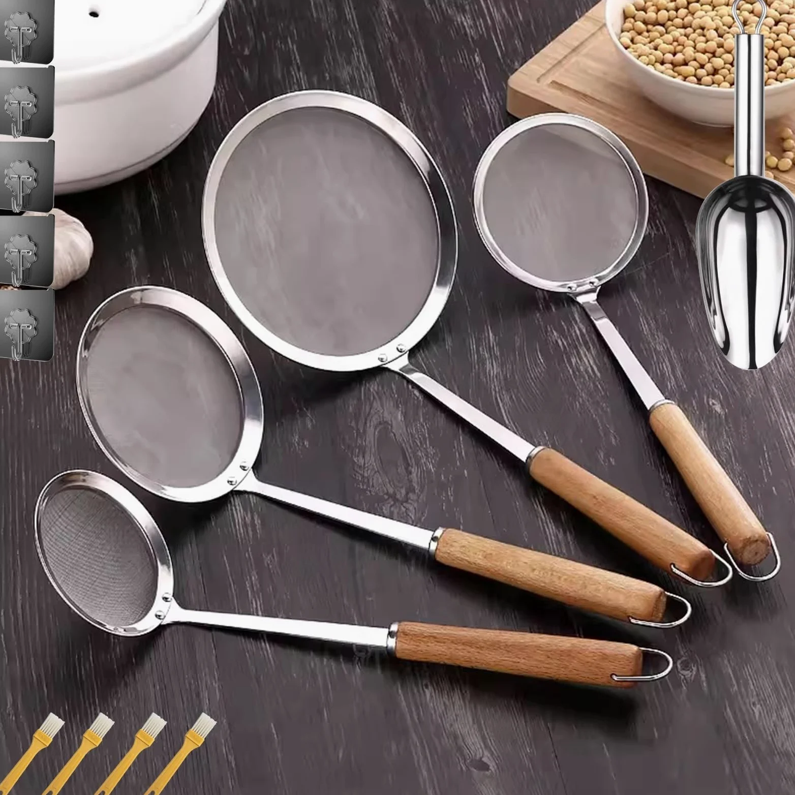 Juego de 4 tamices y coladores, colador de malla fina, colador doméstico, juego de tamiz fino, colador de cocina y hogar hecho de acero inoxidable para cocinar, quinua