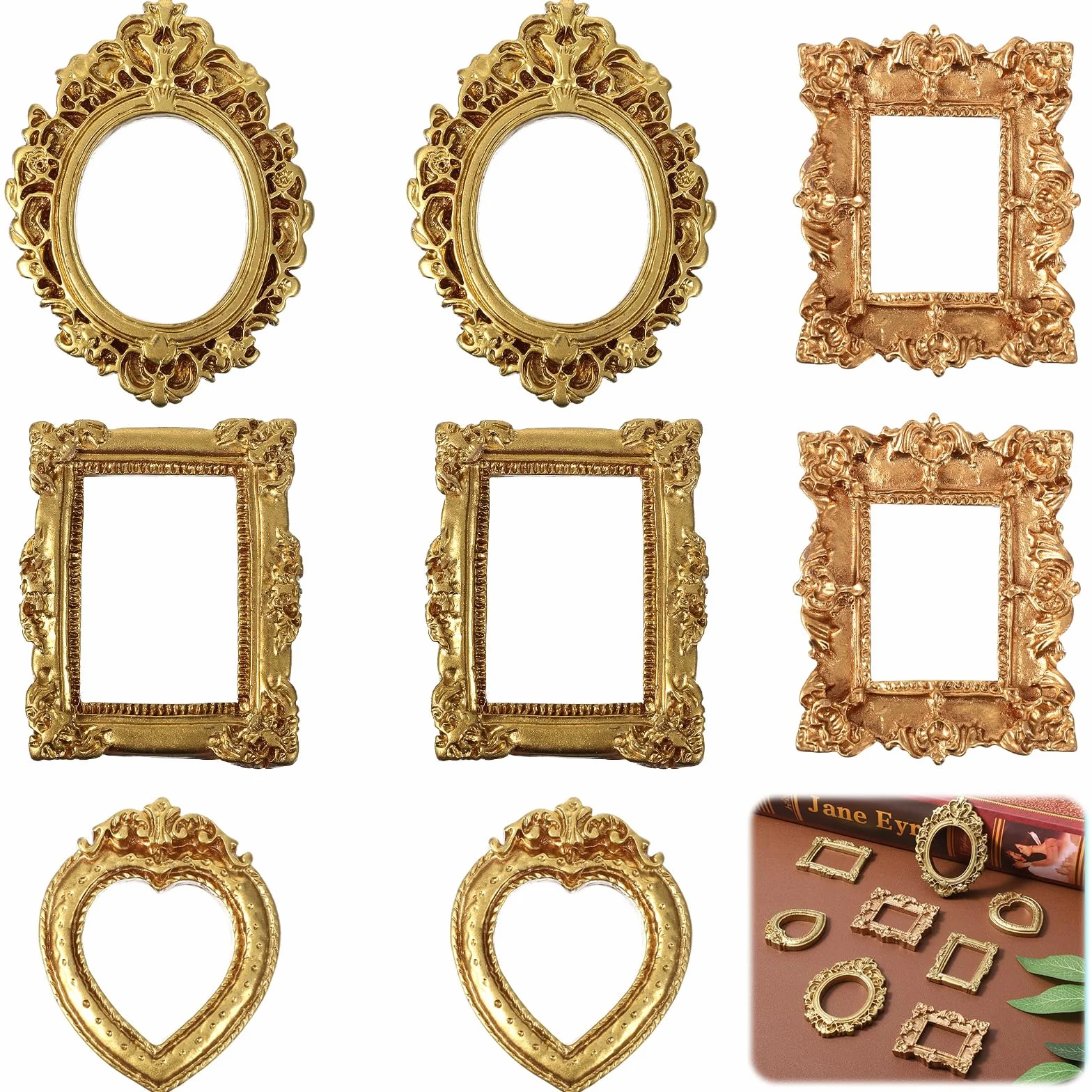 8 mini marcos de fotos dorados vintage, pequeños marcos de fotos de resina antigua, ovalados, rectangulares, para colgar en la pared, marco de mesa para bricolaje, joyería, Navidad, vacaciones, fiesta