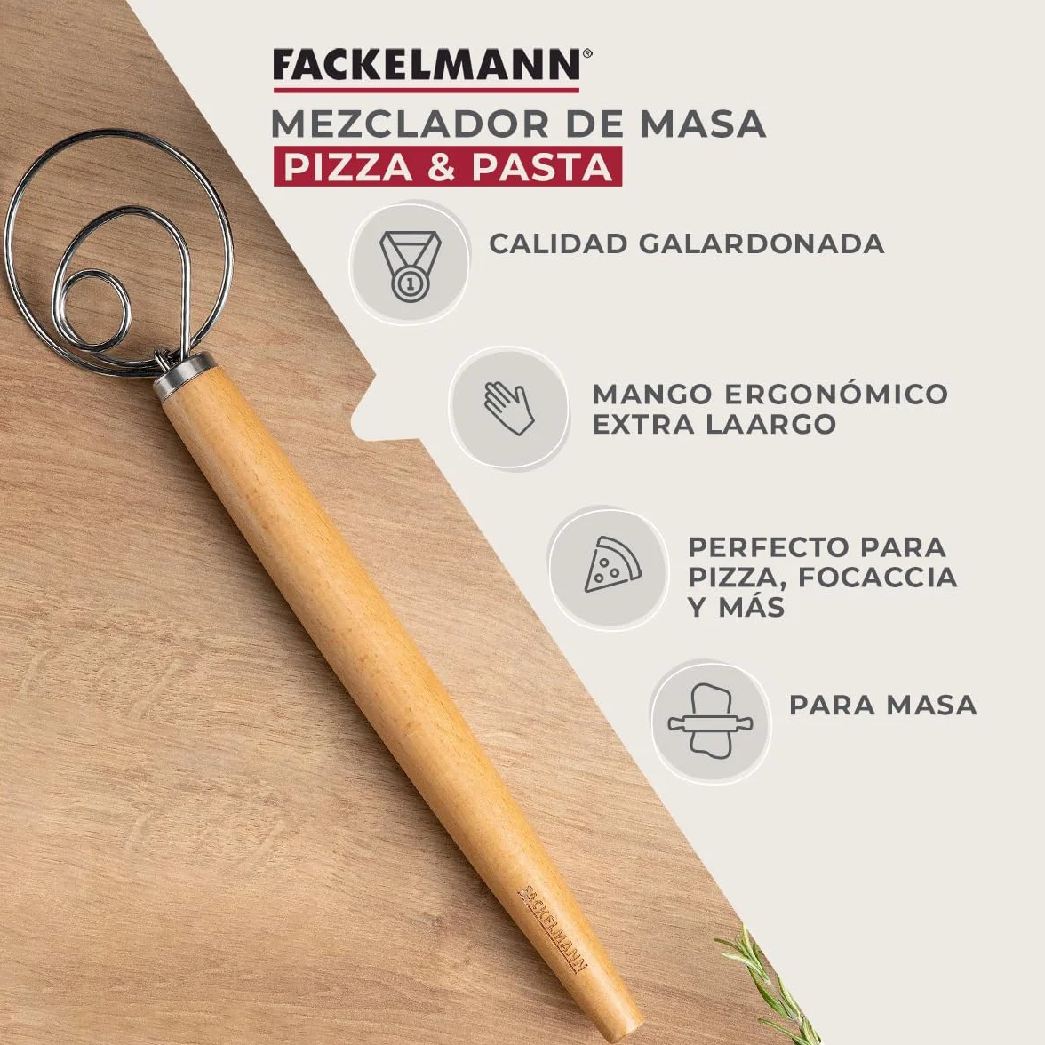 Fackelmann Batidor de masa para pasta, focaccia y masa, batidor para masas aireadas, batidor danés con mango ergonómico de madera de haya, color plata/marrón