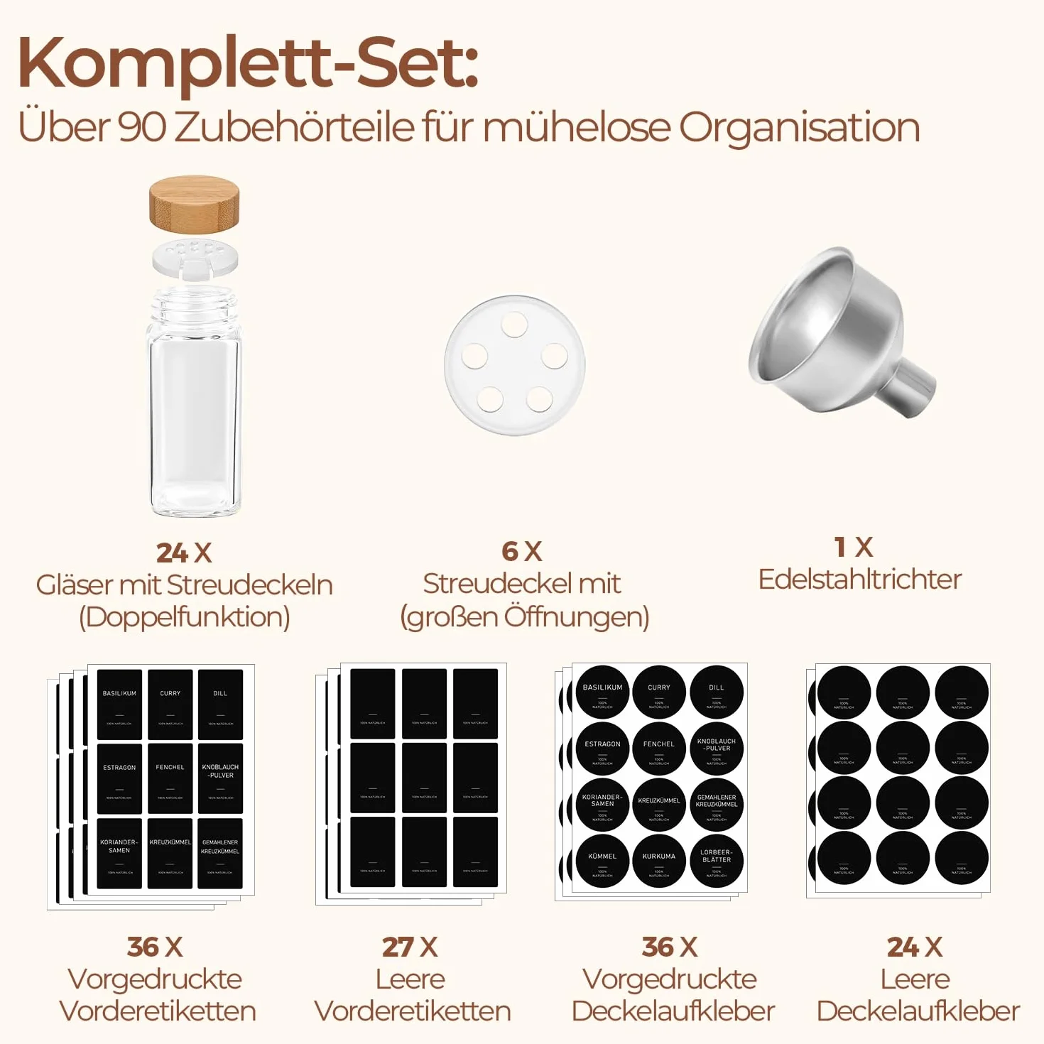 ComSaf botes especias de cristal 120 ml set de 24 con etiquetas legibles, botes especias cristal para familias y amantes de la cocina, aptos para cajones y armarios de cocina