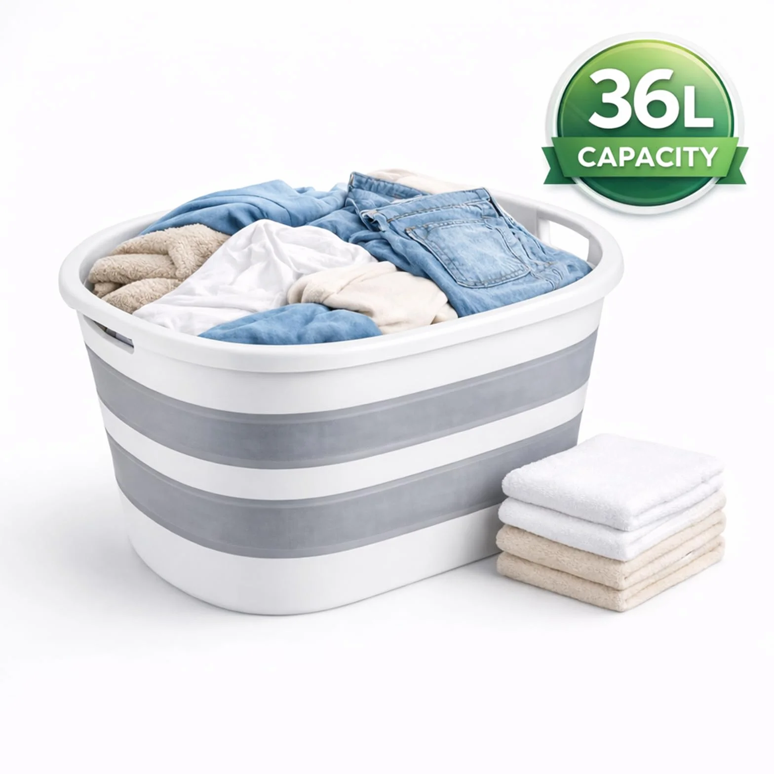 ForenTex Cesta Ropa Sucia Plegable 36L con 2 Bolsas de Lavado, Barreño para Colada, Cesto de Lavandería de TPR+PP Resistente, Ahorra Espacio para Baño, Lavandería y Dormitorio, Gris y Blanco