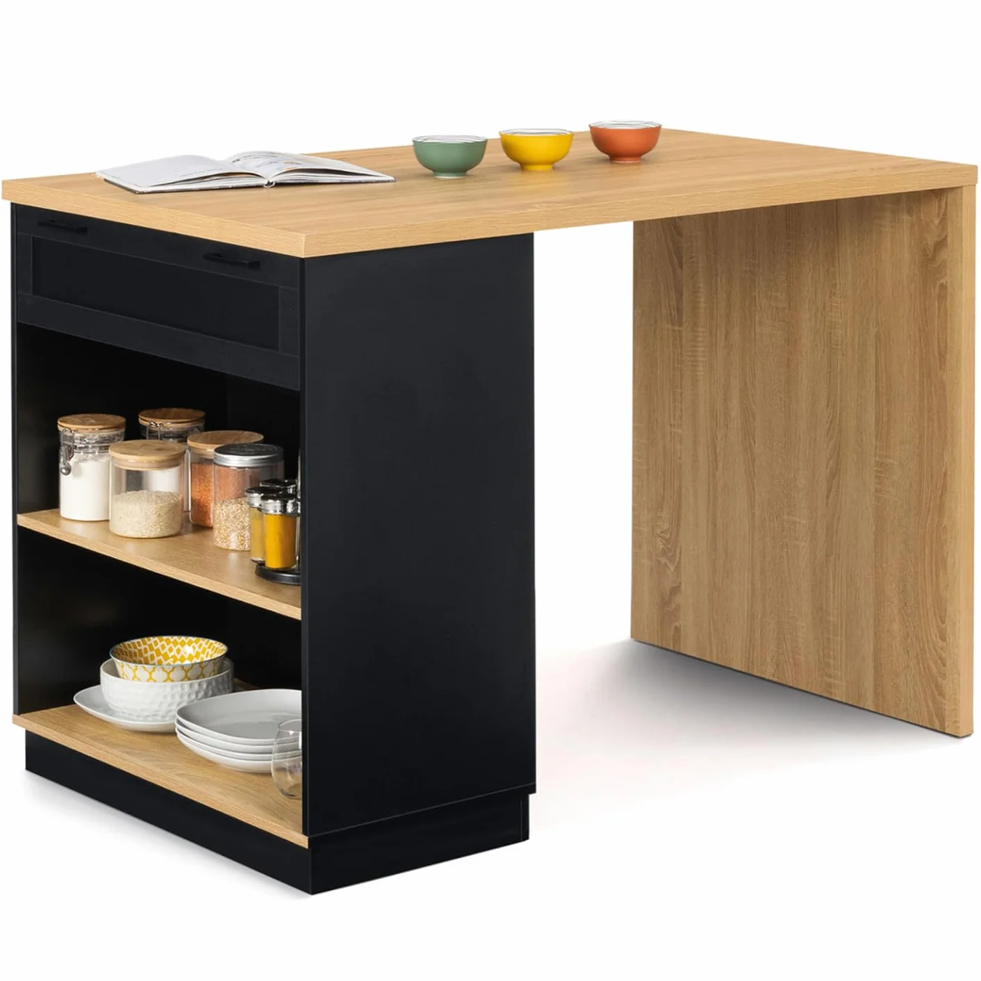 IDMarket – Ilot central para 4 personas VITO 130 cm negro y bandeja de madera